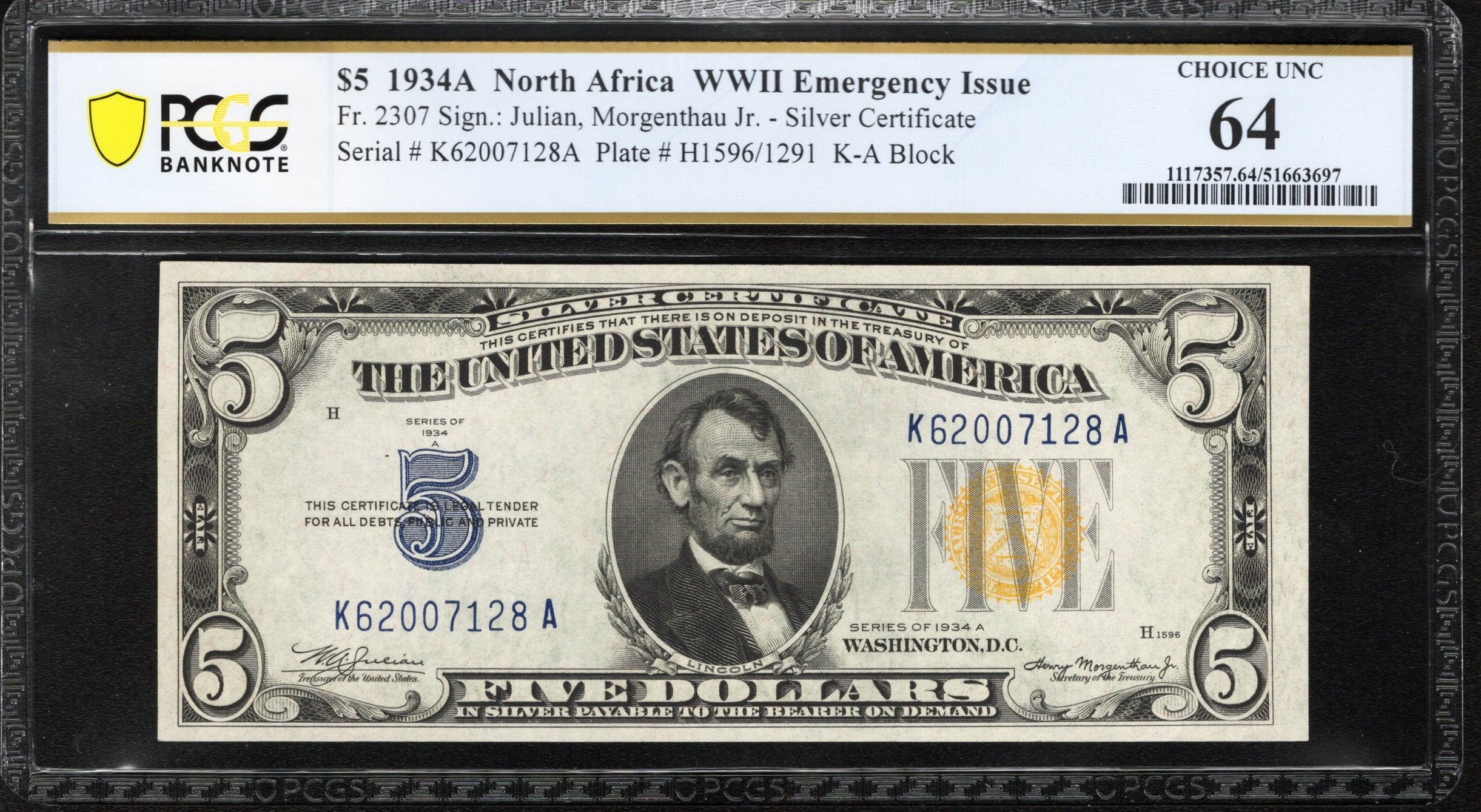 1934-A $5 NORTH AFRICA Silver Certificate PCGS 64 Fr 2307 WWII CURRENCY 61161