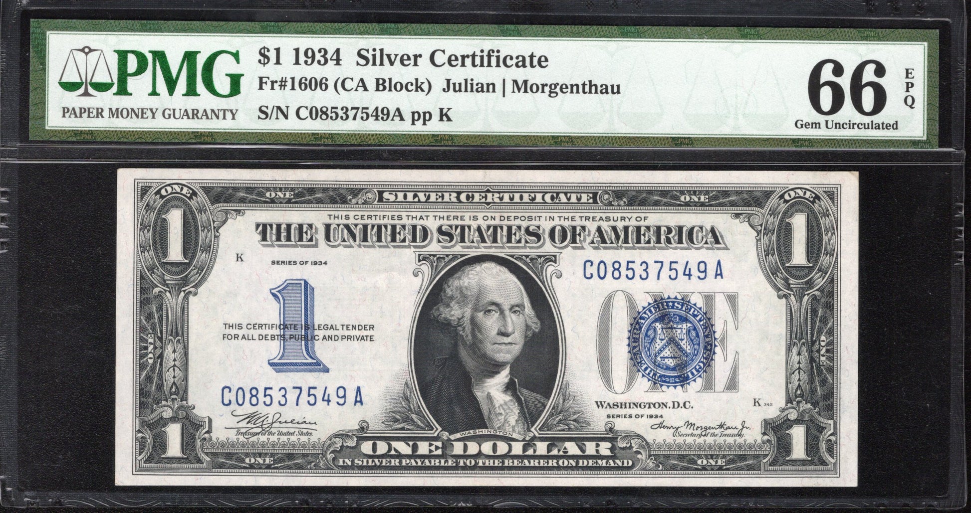 
1934 $1 SILVER CERTIFICATE PMG 66 EPQ Fr 1606 37549