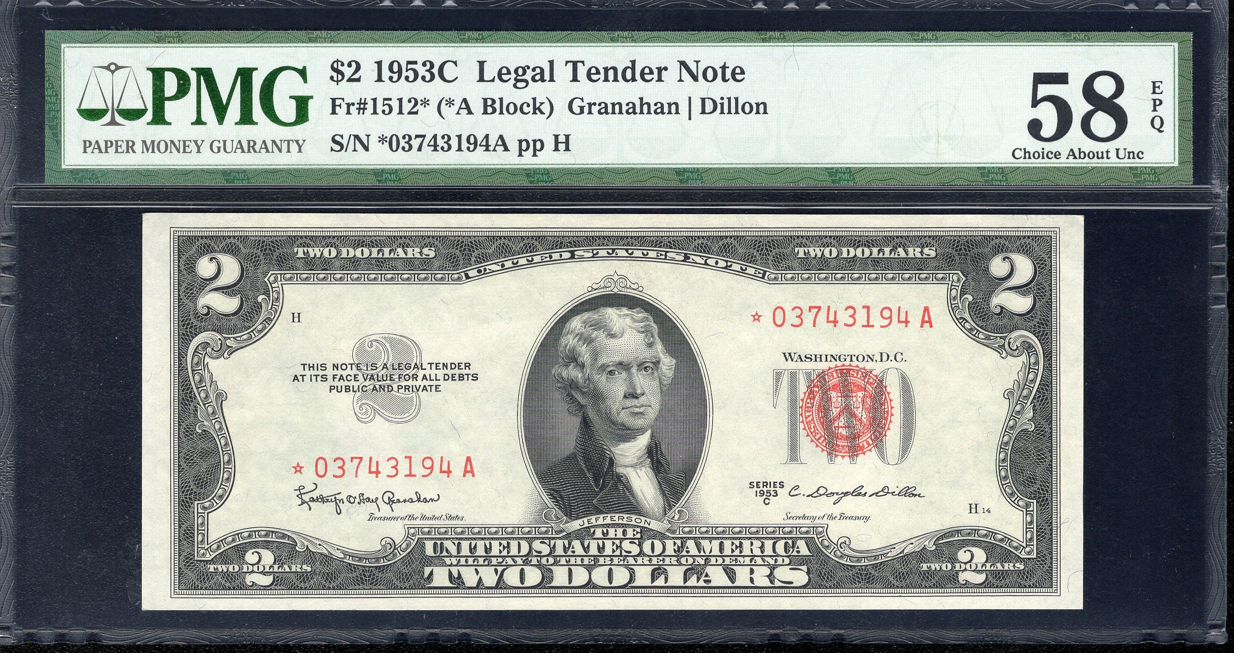 1953-C $2 LEGAL TENDER STAR REPLACEMENT RED SEAL PMG 58 EPQ Fr 1512* 43194