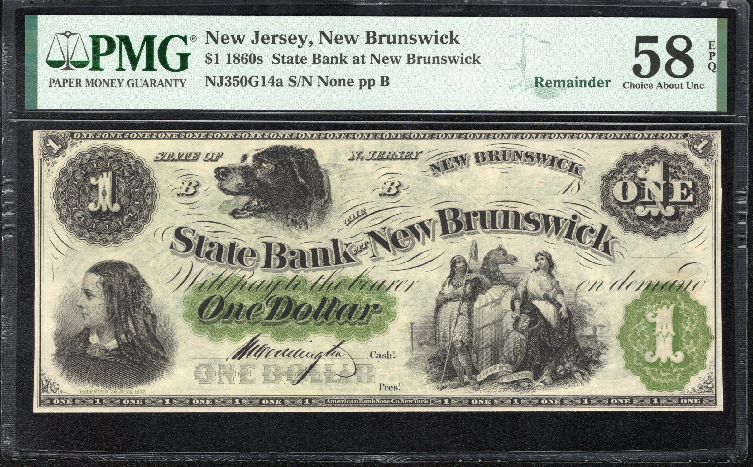 1860's $1 STATE BANK AT NEW BRUNSWICK, NJ OBSOLETE CURRENCY PMG 58 EPQ 441-024