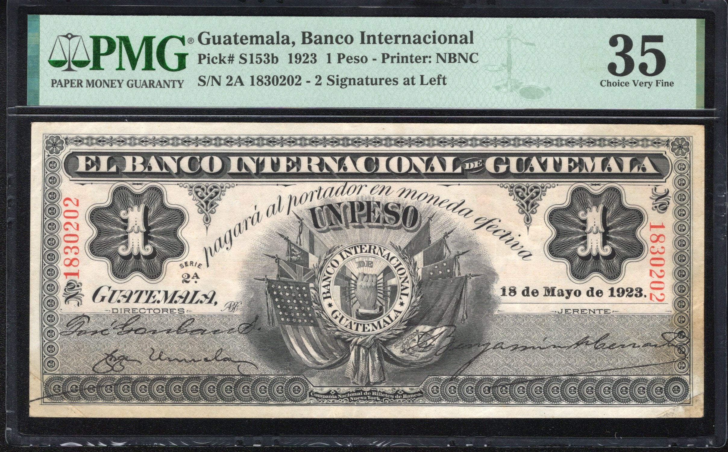 1923 1 PESO BANCO INTERNACIONAL GUATEMALA BANKNOTE PMG 35 PICK S153b 30202