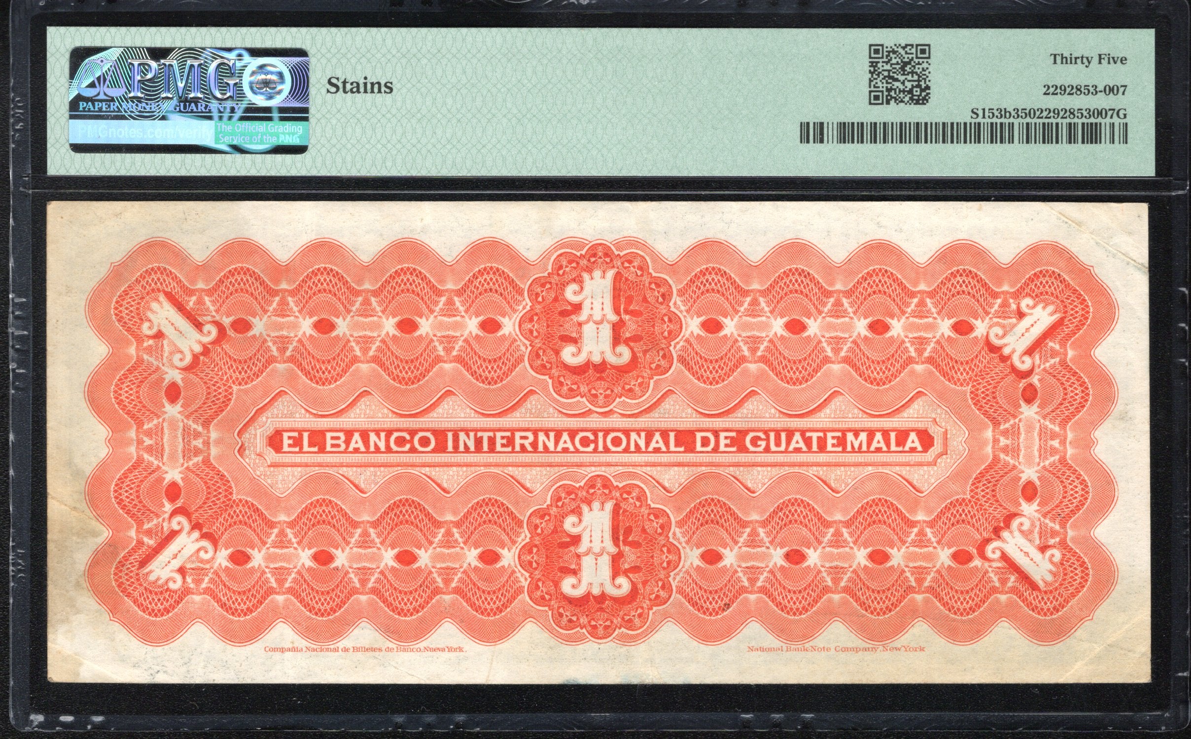 1923 1 PESO BANCO INTERNACIONAL GUATEMALA BANKNOTE PMG 35 PICK S153b 30202