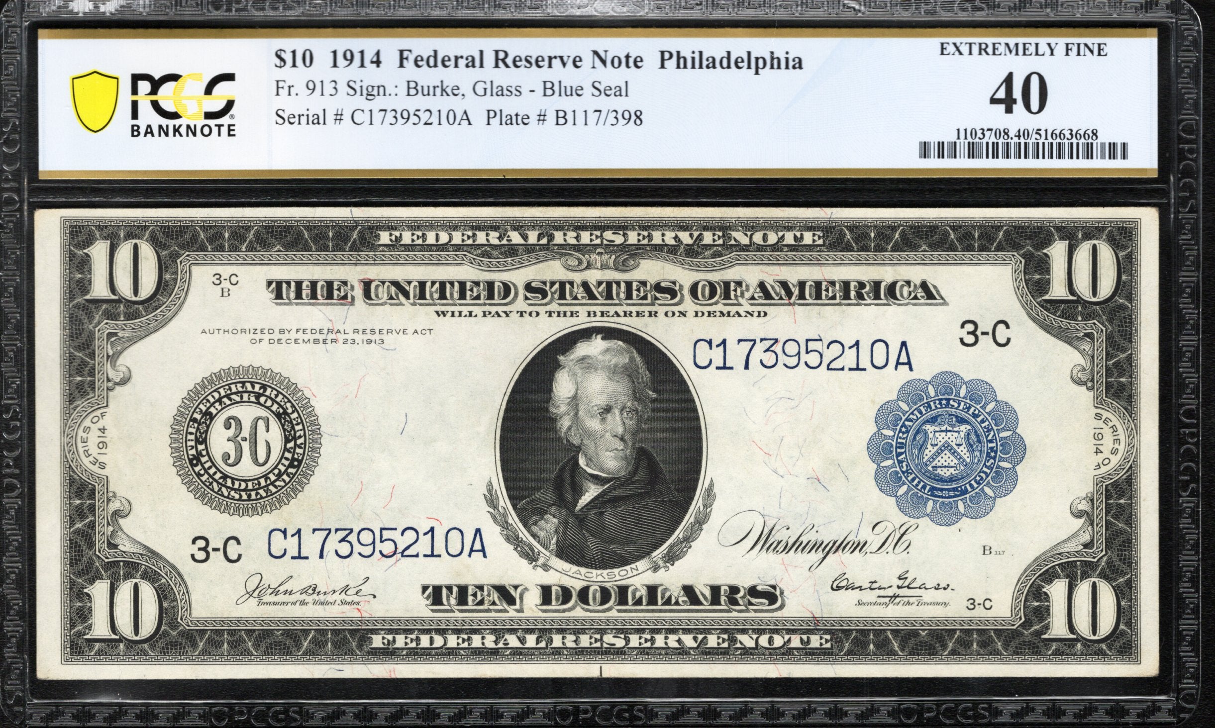1914 $10 PHILADELPHIA FRN BURKE- GLASS FEDERAL RESERVE NOTE PCGS 40 Fr 913 95210