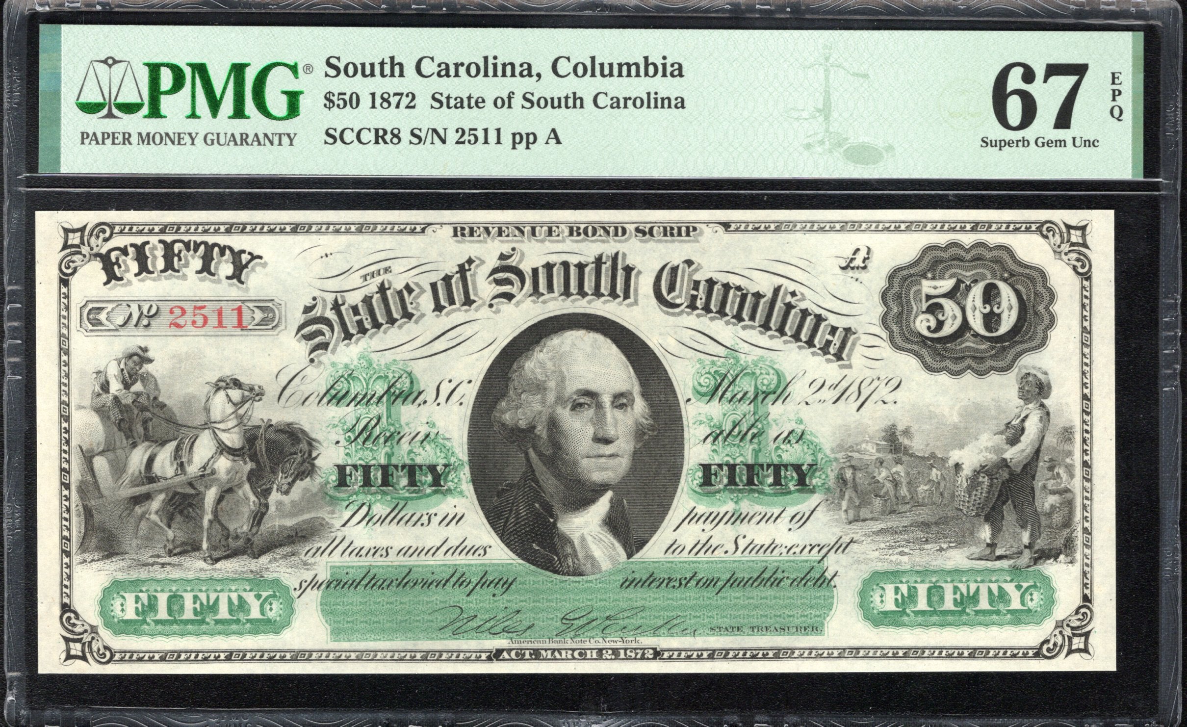 1872 $50 STATE OF SOUTH CAROLINA OBSOLETE BANK NOTE PMG 67 EPQ COLUMBIA SC 2511