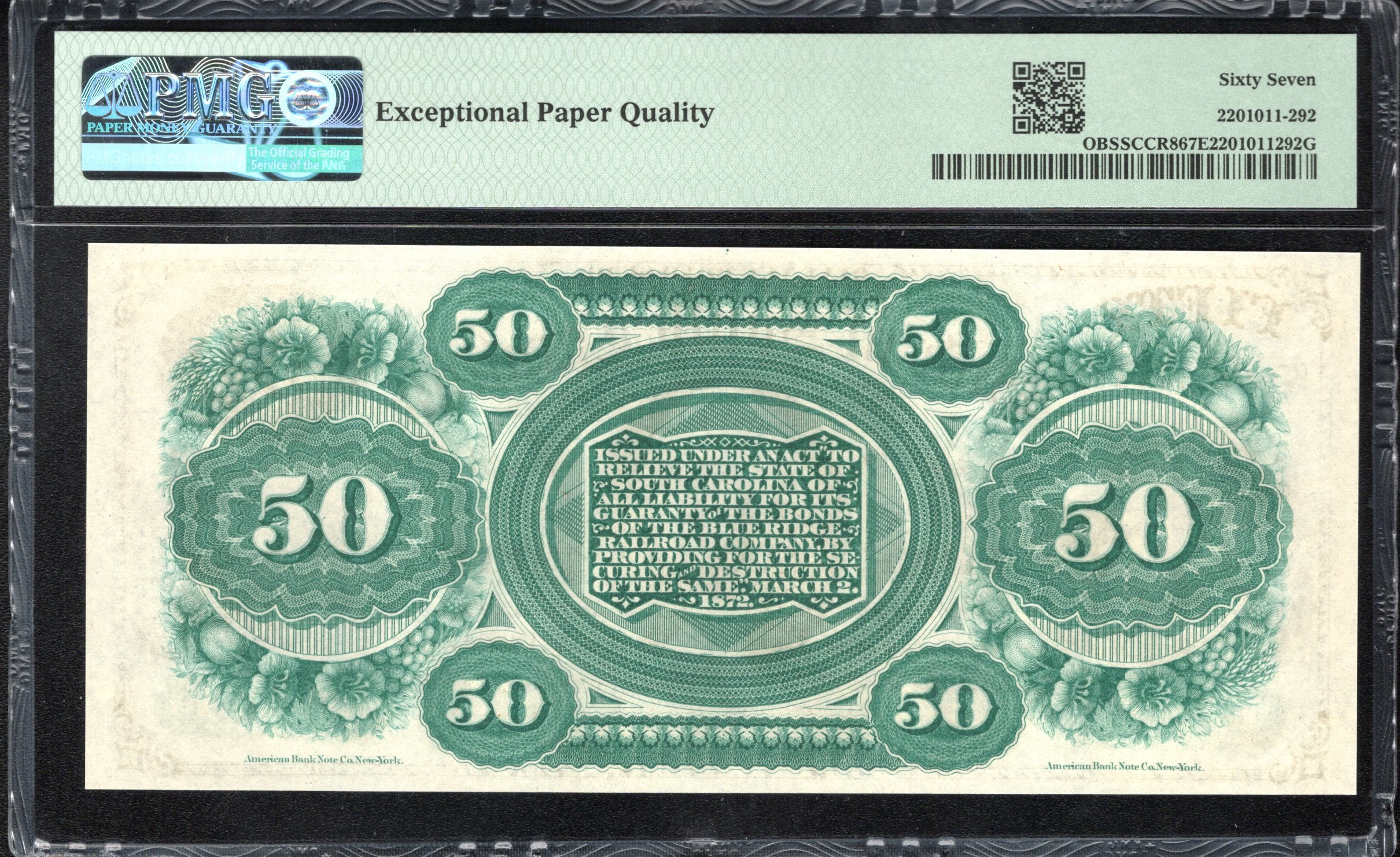 1872 $50 STATE OF SOUTH CAROLINA OBSOLETE BANK NOTE PMG 67 EPQ COLUMBIA SC 2511