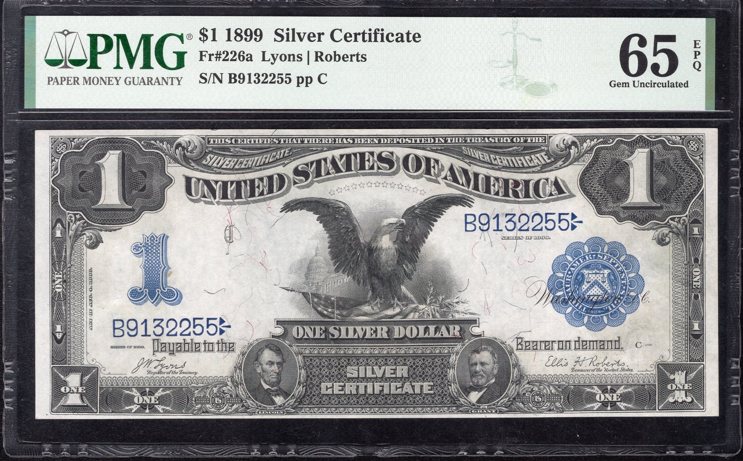1899 $1 SILVER CERTIFICATE DATE BELOW BLACK EAGLE PMG 65 EPQ Fr 226a 32255