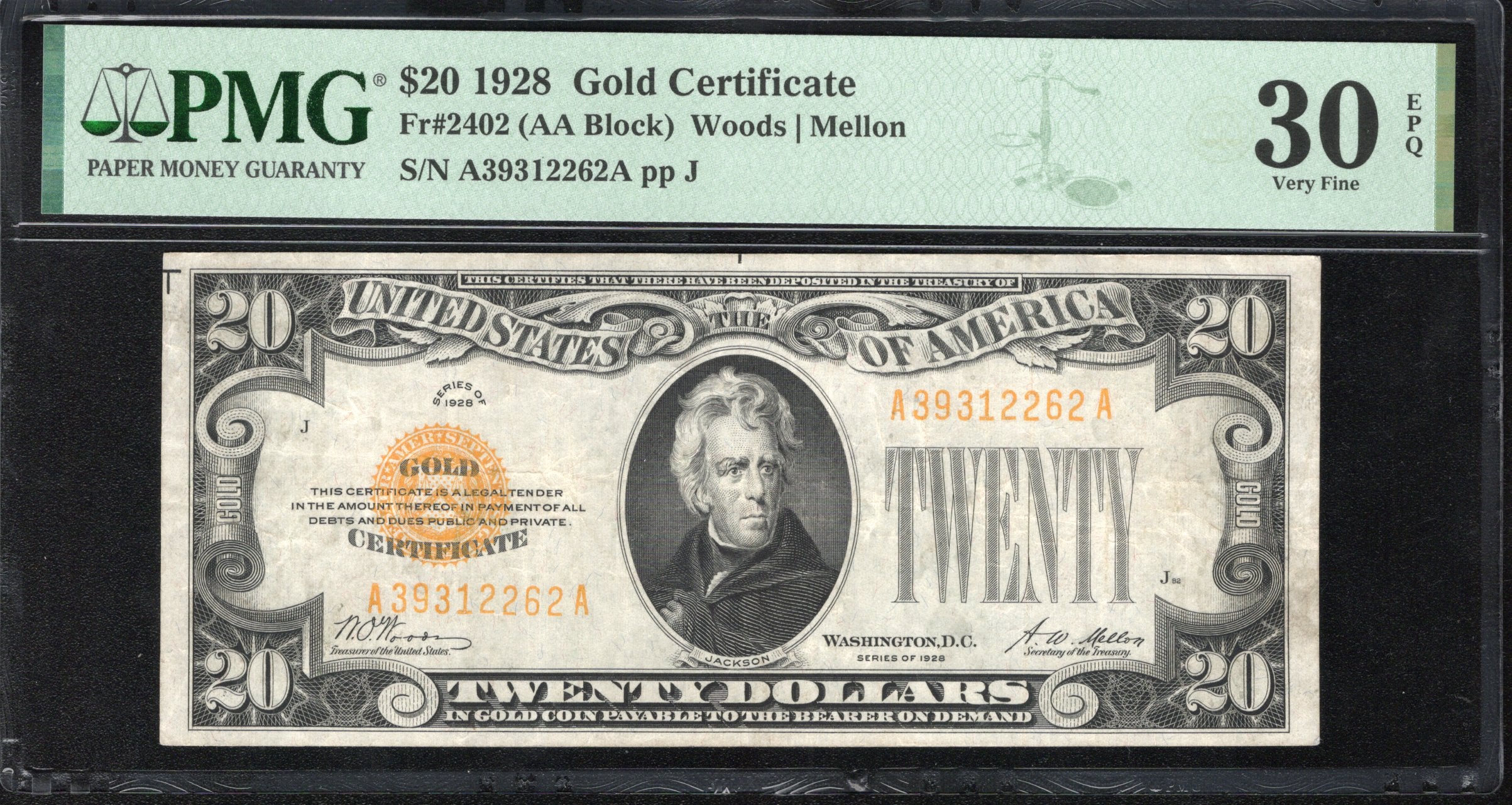 1928 $20 GOLD CERTIFICATE PMG 30 EPQ Fr 2402 12262