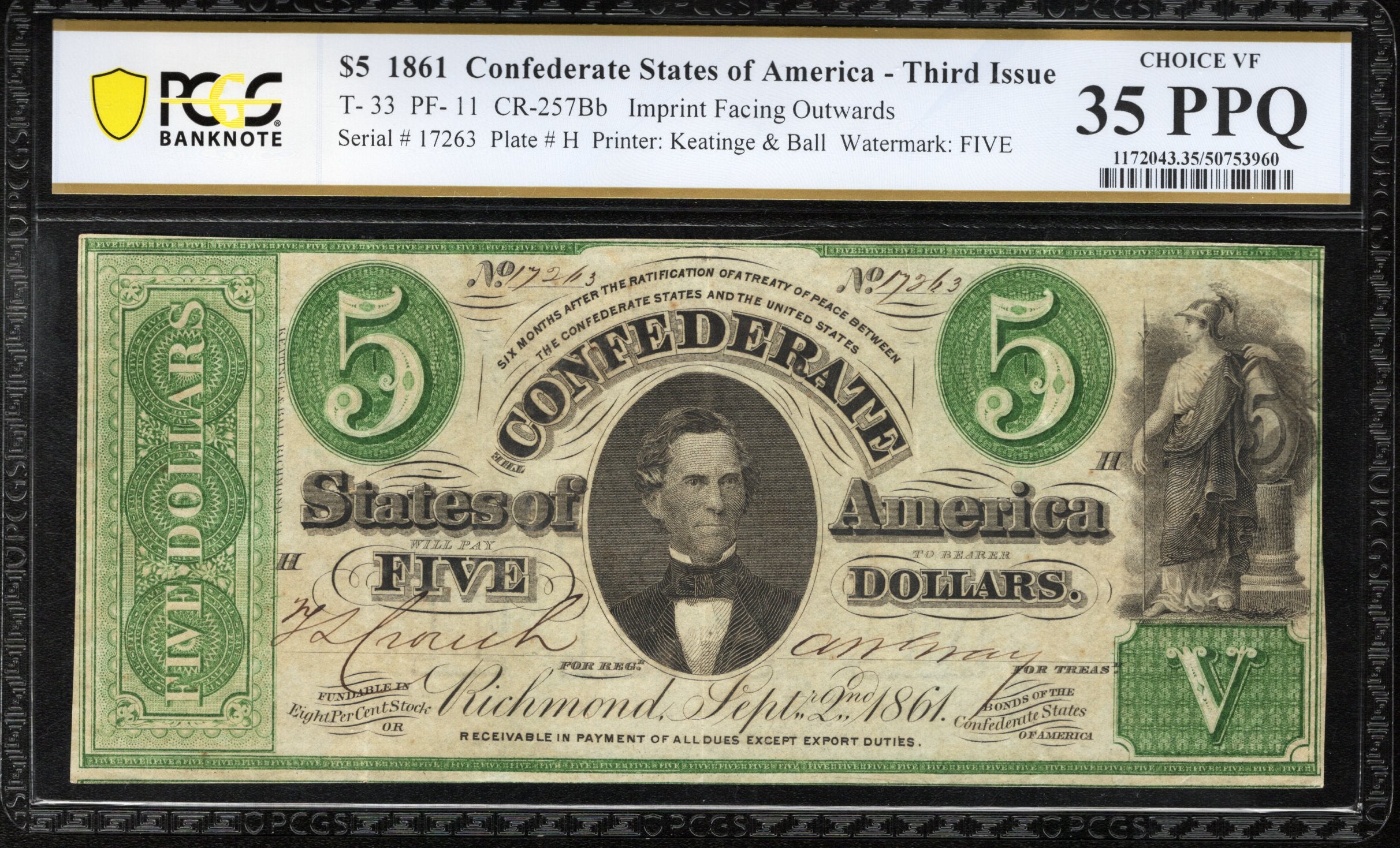 T-33 1861 $5 CONFEDERATE CURRENCY PCGS 35 PPQ "FIVE" WATERMARK 17263