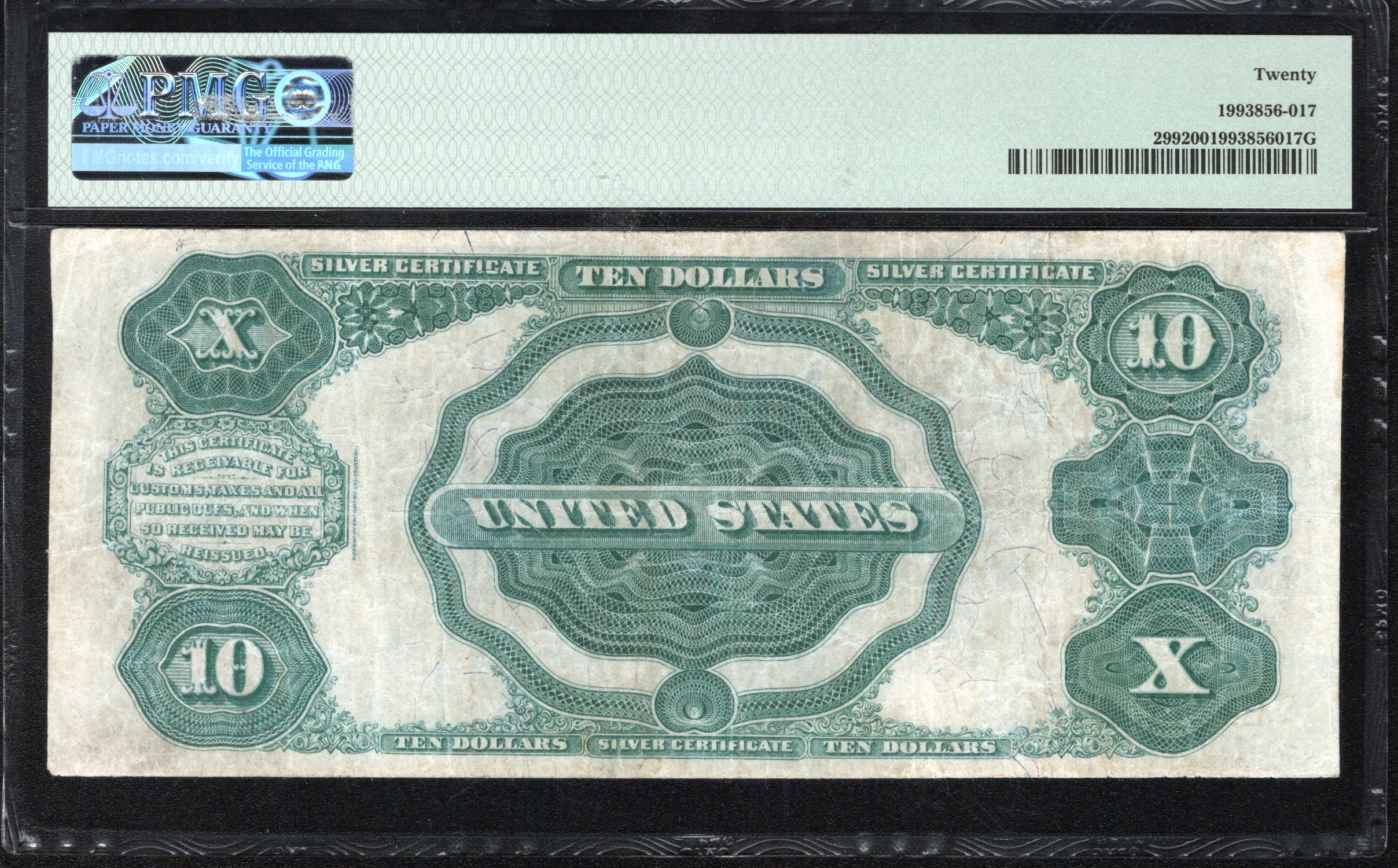 1891 $10 SILVER CERTIFICATE "TOMBSTONE" PMG 20 Fr 299 58265