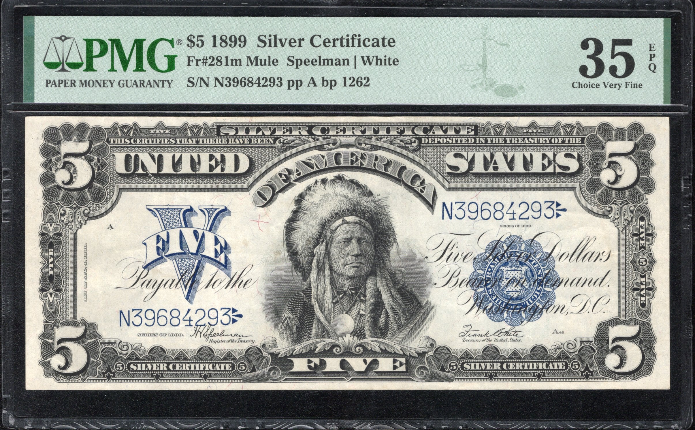 1899 $5 SILVER CERTIFICATE CHIEF PMG 35 EPQ Fr 281 Mule 84293