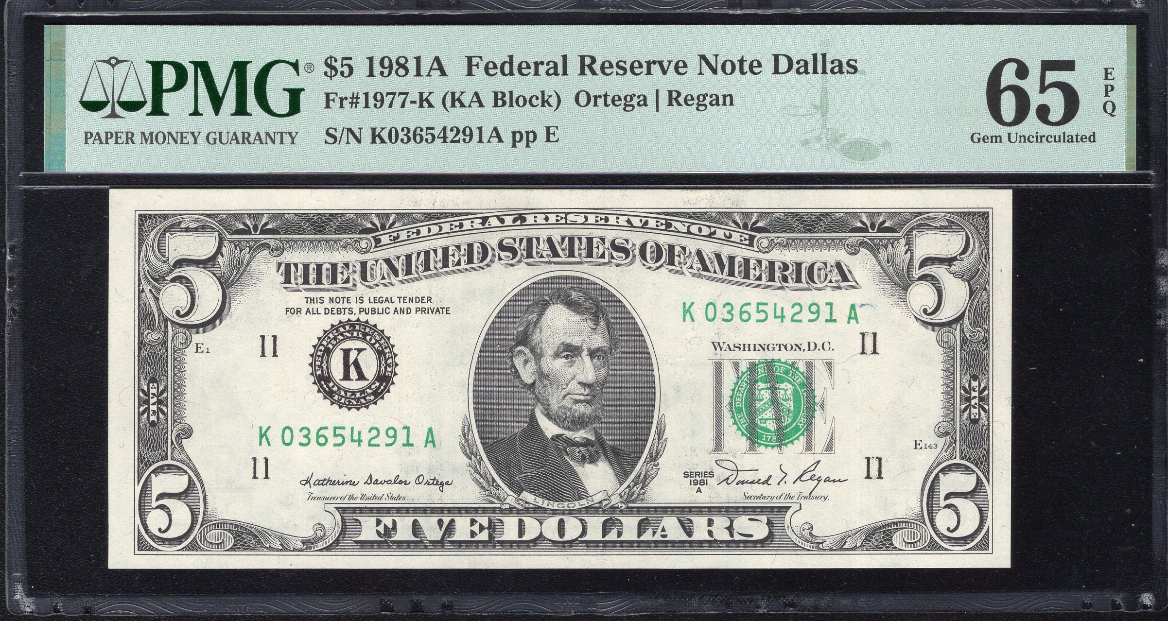 1981-A $5 FEDERAL RESERVE NOTE FRN WET INK TRANSFER ERROR PMG 65 EPQ 54291