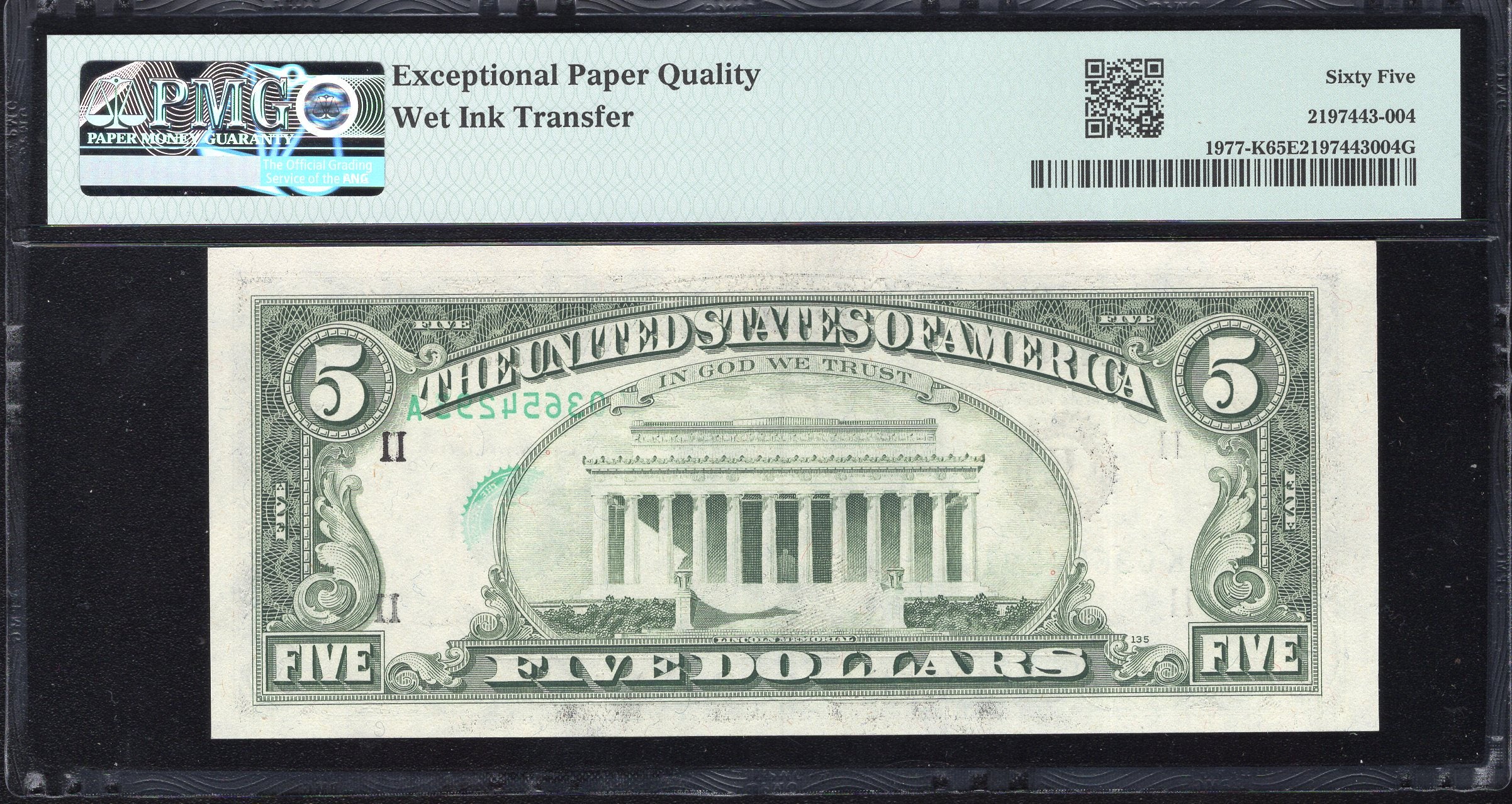 1981-A $5 FEDERAL RESERVE NOTE FRN WET INK TRANSFER ERROR PMG 65 EPQ 54291