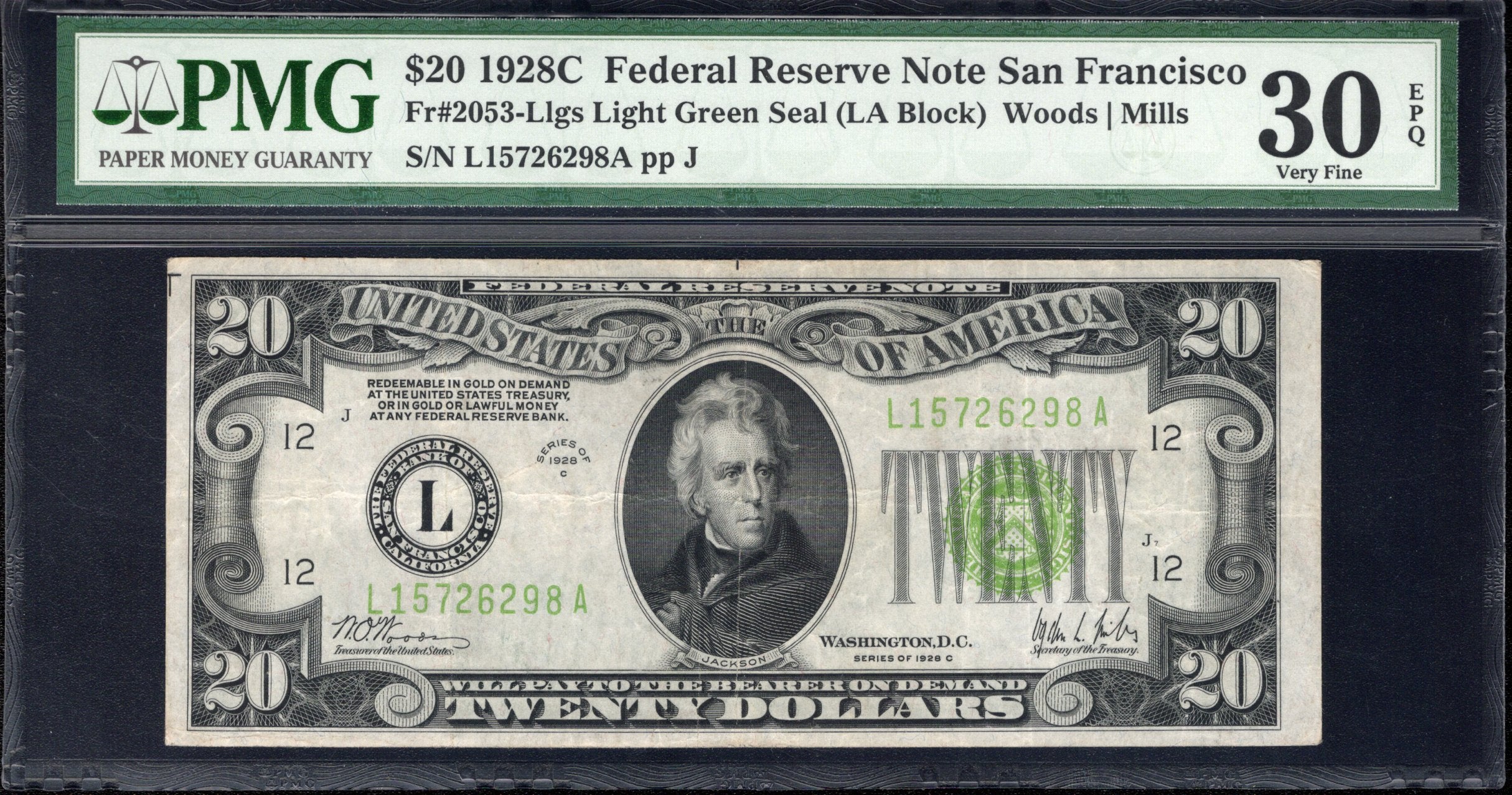1928-C $20 SAN FRANCISCO LIGHT GREEN SEAL FRN PMG 30 EPQ Fr 2053-L 26298