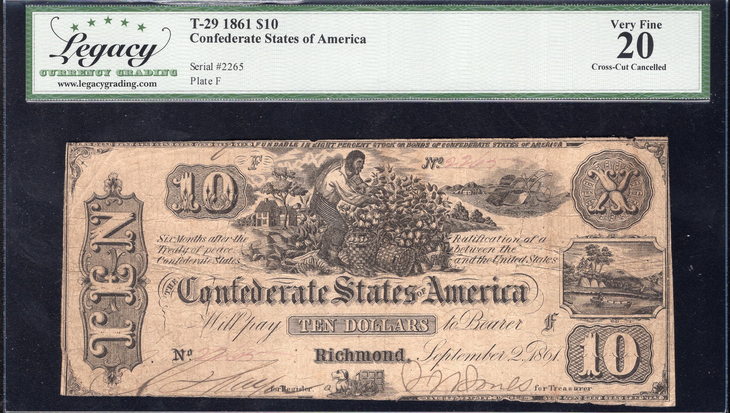 T-29 1861 $10 CONFEDERATE CURRENCY LEGACY VERY FINE 20 CIVIL WAR 2265