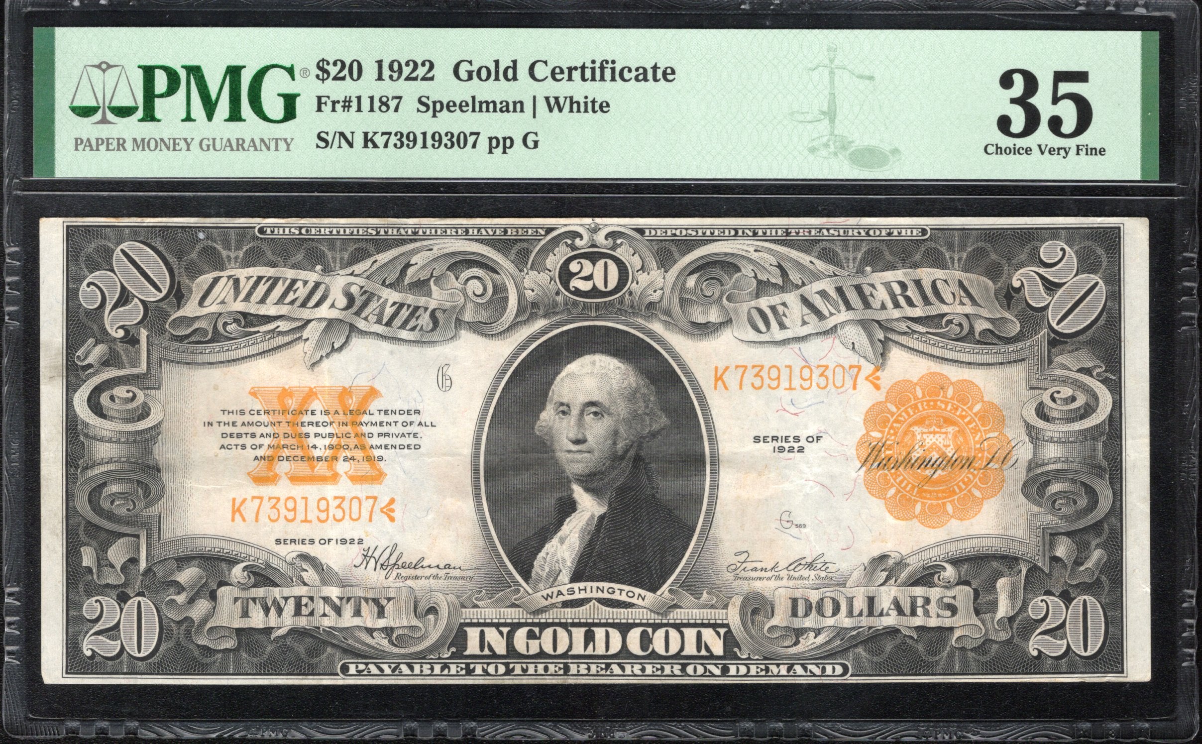 1922 $20 GOLD CERTIFICATE PMG 35 TWENTY DOLLAR BILL Fr 1187 19307