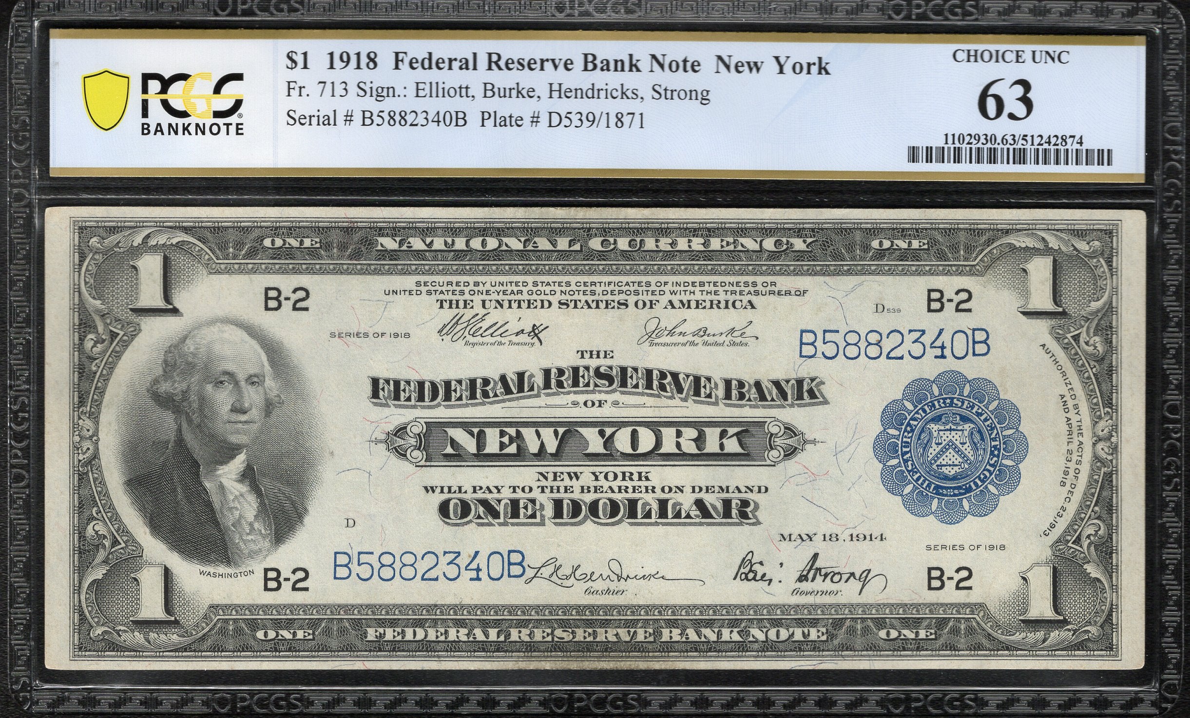 1918 $1 NEW YORK FRBN FEDERAL RESERVE BANK NOTE PCGS 63 Fr 713 82340