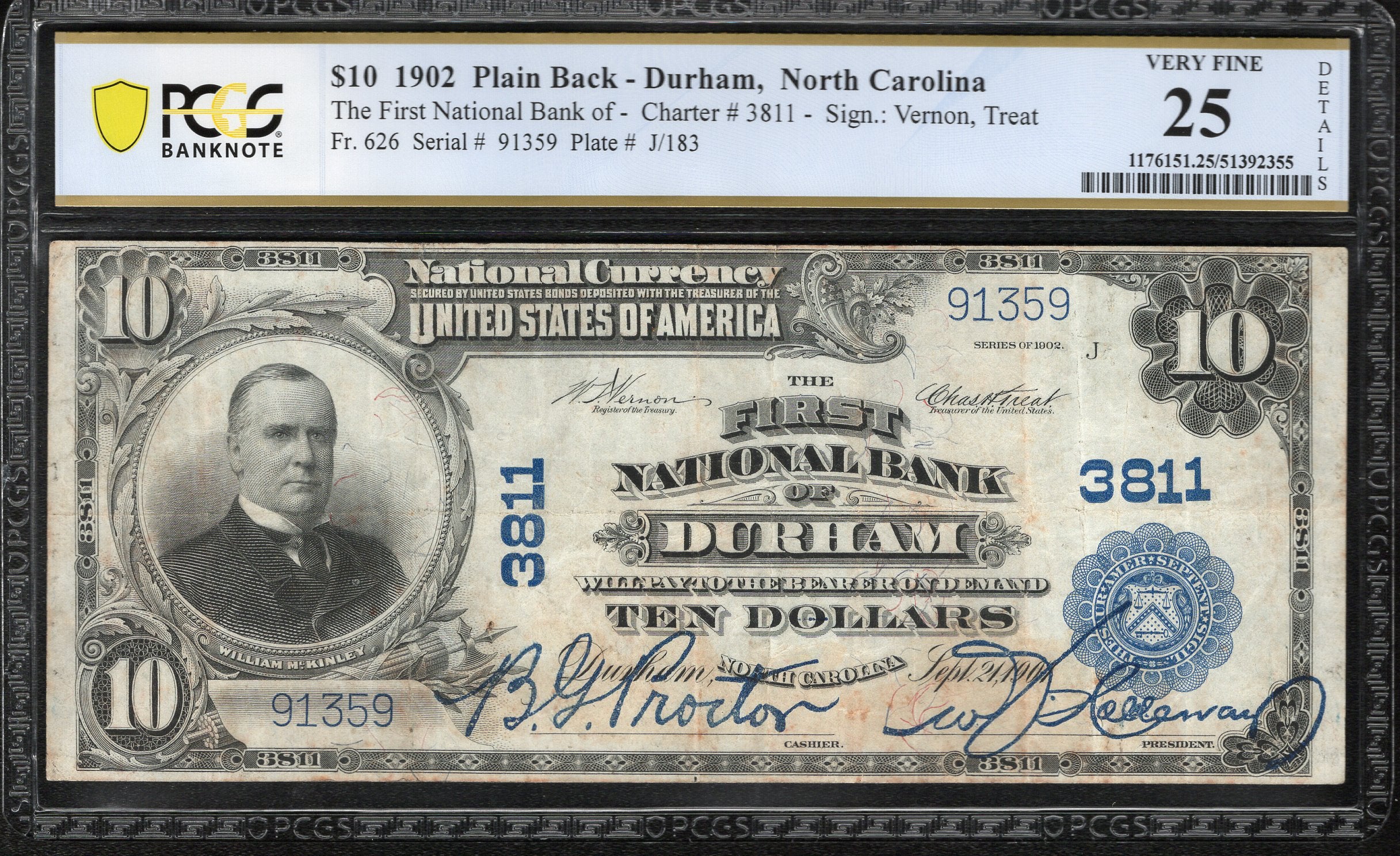 1902 $10 DURHAM, NC NATIONAL BANK NOTE PCGS 25 NORTH CAROLINA CURRENCY 91359