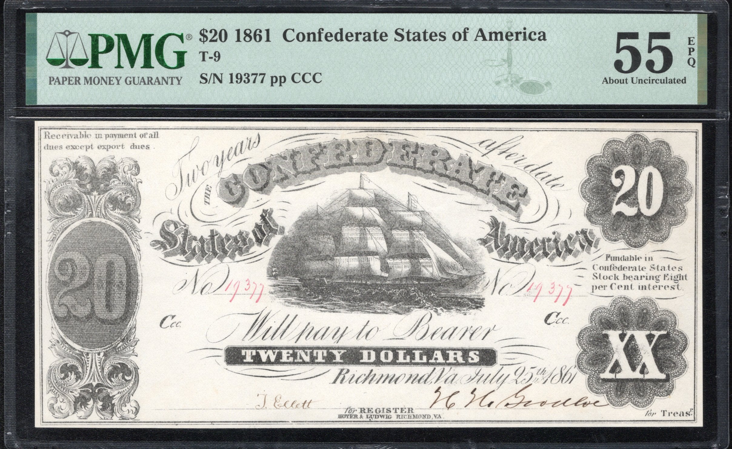 T-9 1861 $20 CONFEDERATE CURRENCY PMG 55 EPQ CIVIL WAR NOTE 19377
