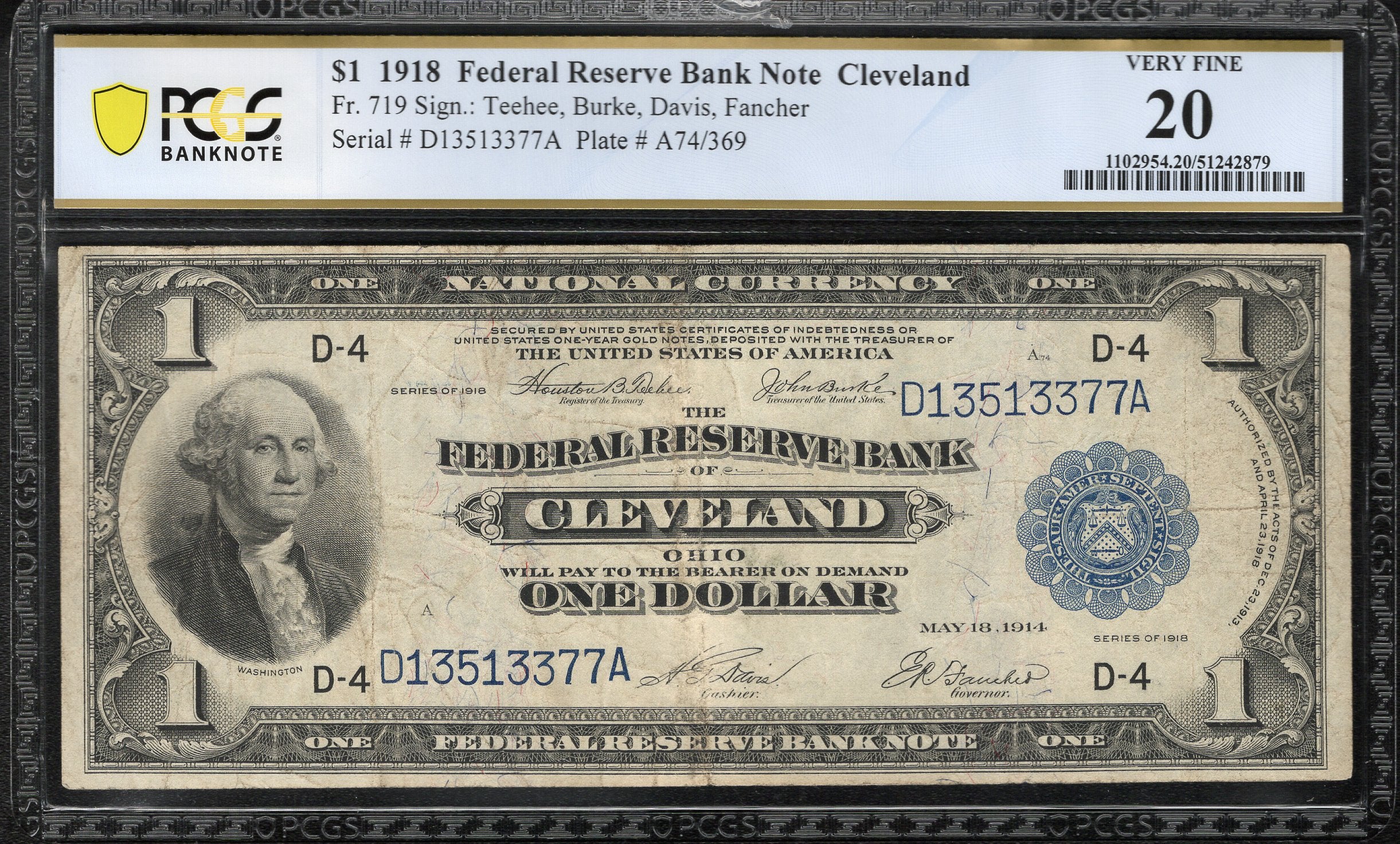 1918 $1 CLEVELAND FRBN "GREEN EAGLE" FEDERAL RESERVE PCGS 20 Fr 719 13377