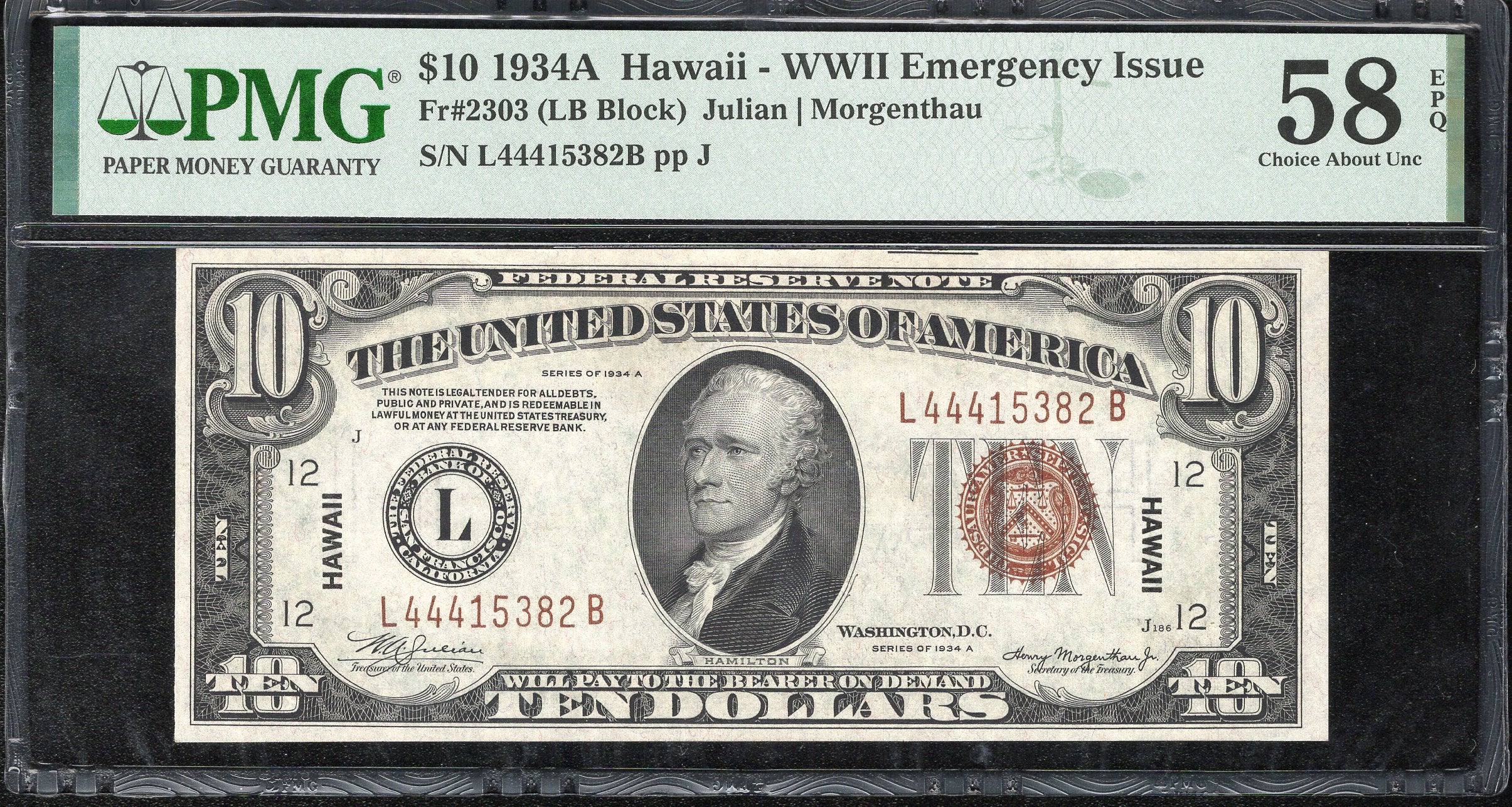 1934-A $10 HAWAII WWII EMERGENCY NOTE FRN PMG 58 EPQ WWII CURRENCY Fr 2303 15382