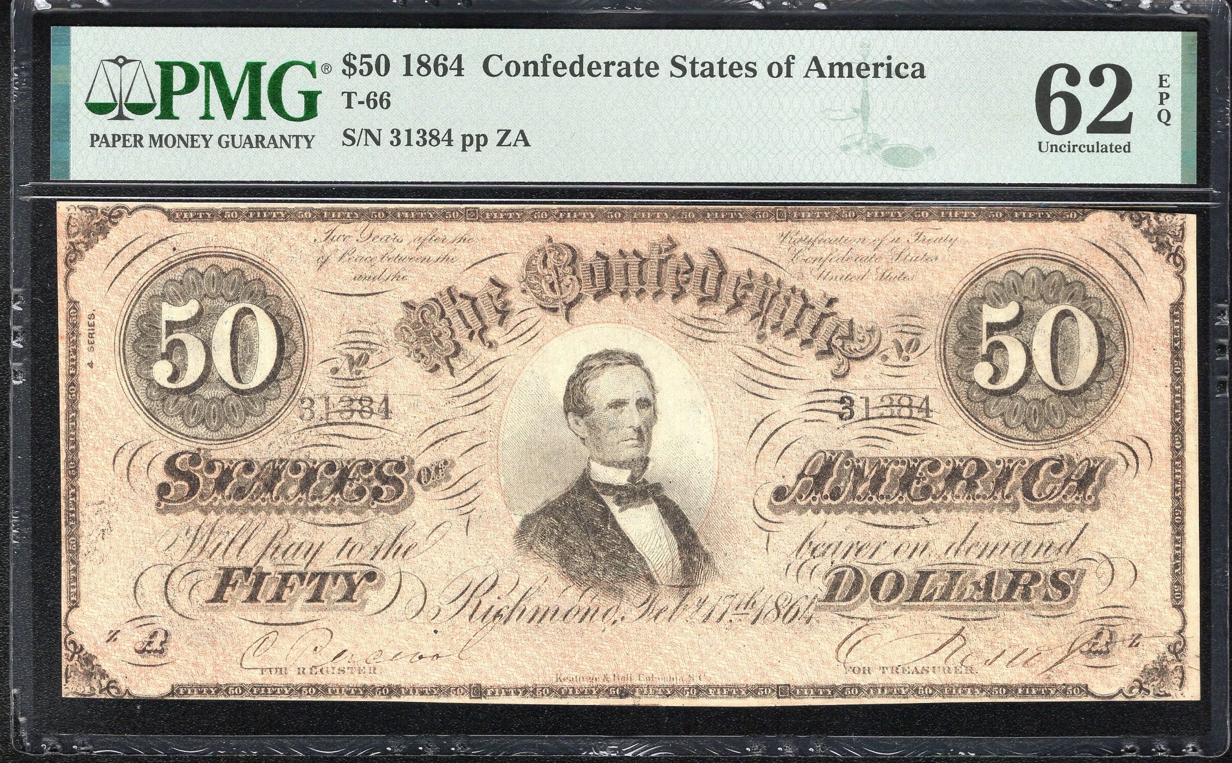 T-66 1864 $50 CONFEDERATE CURRENCY PMG 62 EPQ CIVIL WAR  31384