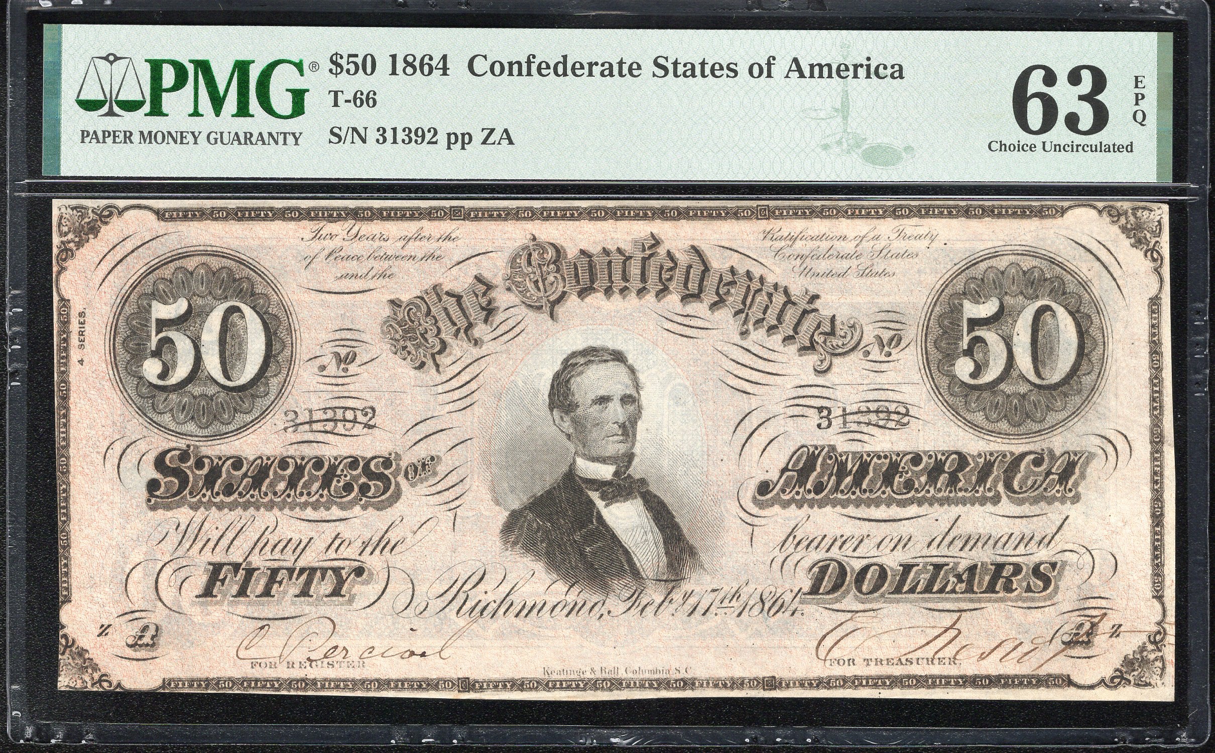 T-66 1864 $50 CONFEDERATE CURRENCY PMG 63 EPQ CIVIL WAR FIFTY DOLLAR BILL 31392