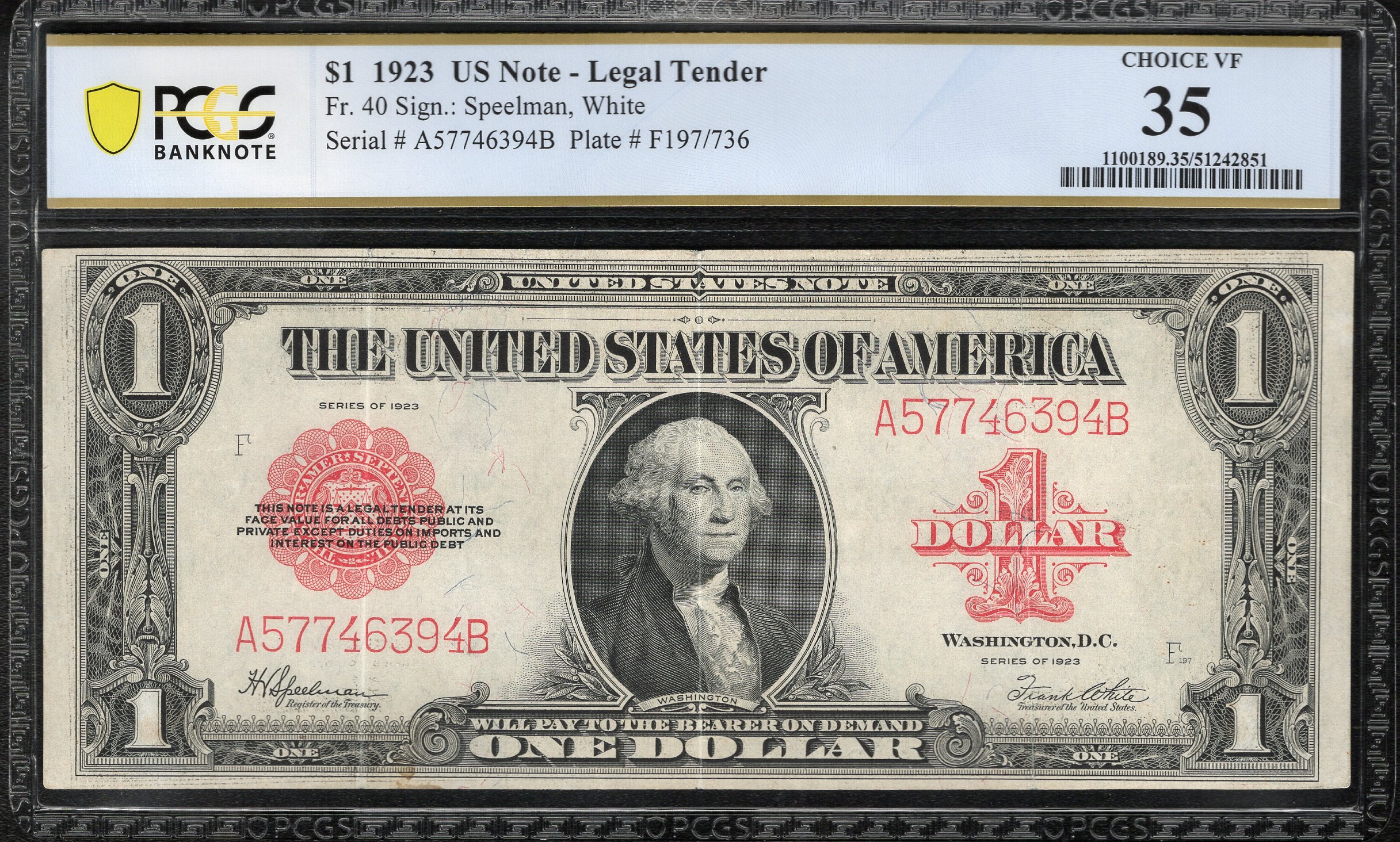 1923 $1 LEGAL TENDER NOTE PCGS 35 Fr 40 RED SEAL ONE DOLLAR BILL 46394