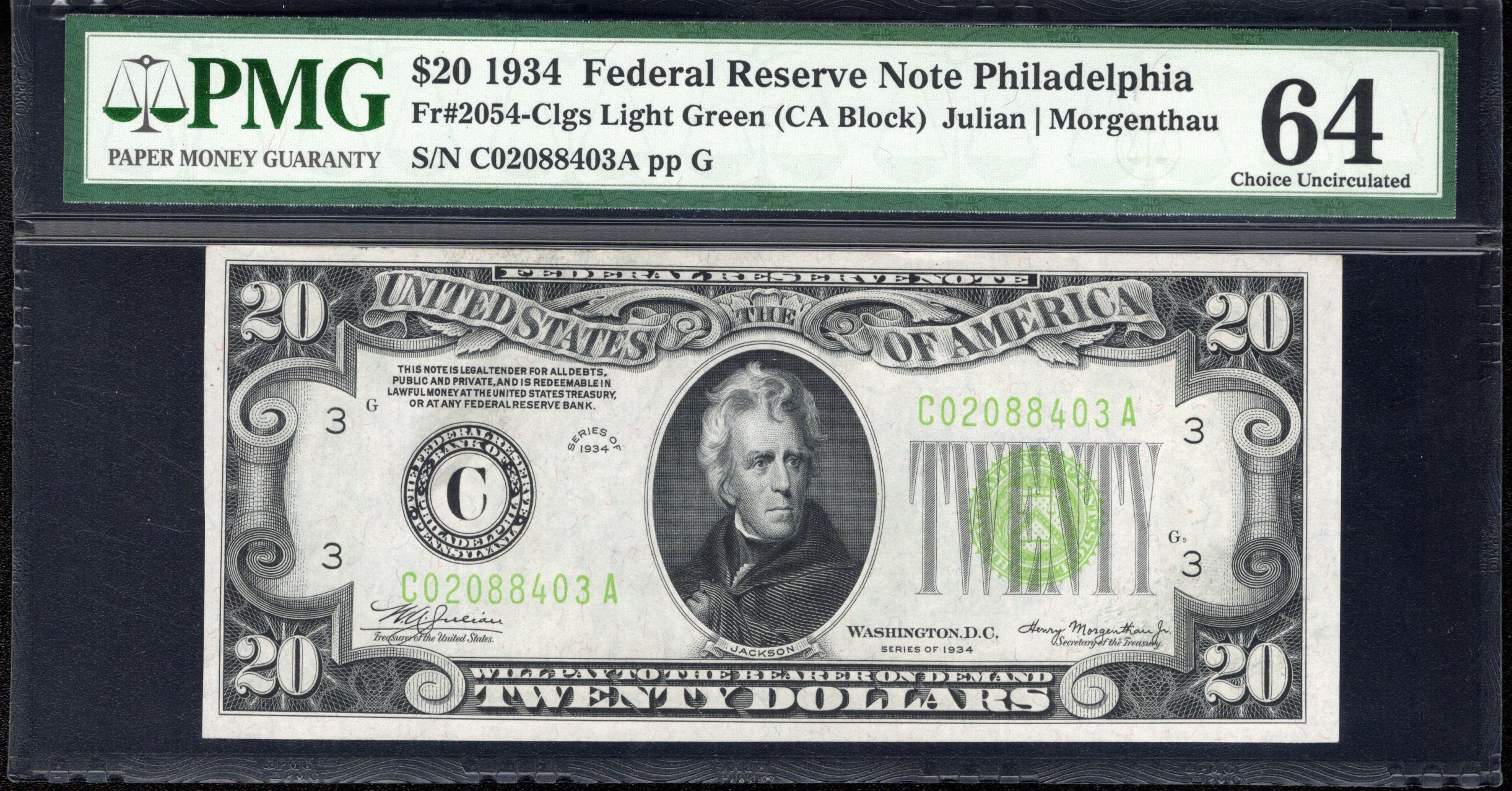 1934 $20 PHILADELPHIA FRN LIGHT GREEN SEAL PMG 64 Fr 2054-C LGS 88403