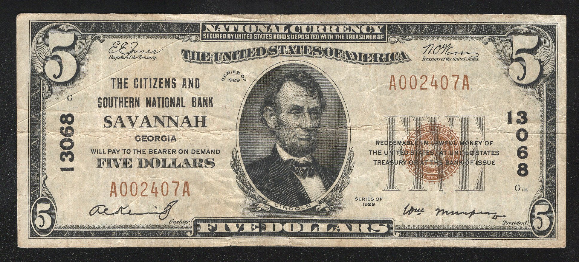 1929 $5 SAVANNAH, GA NATIONAL BANK NOTE GEORGIA CURRENCY 2407