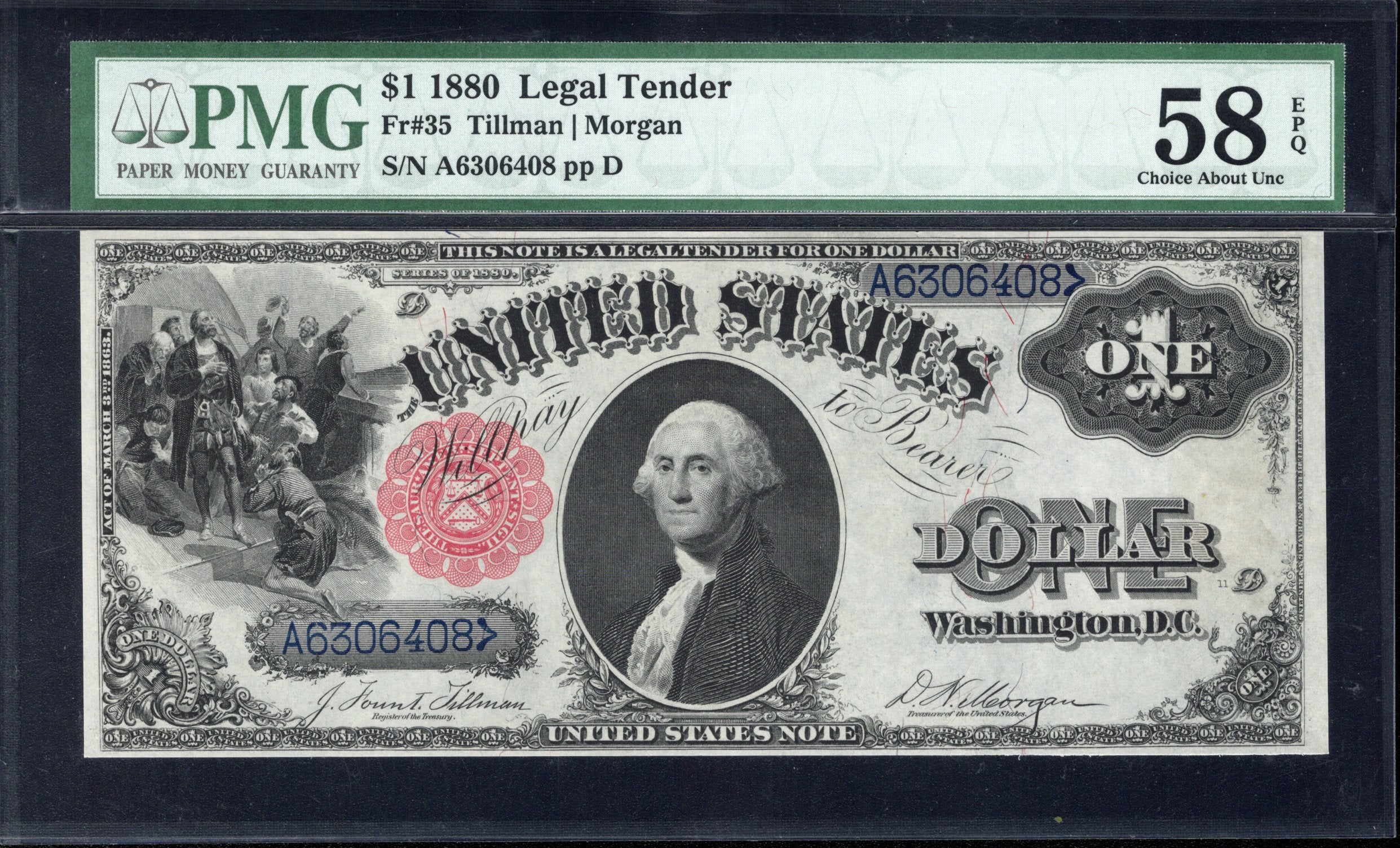 1880 $1 LEGAL TENDER NOTE "SAWHORSE" PMG 58 EPQ Fr 35 06408