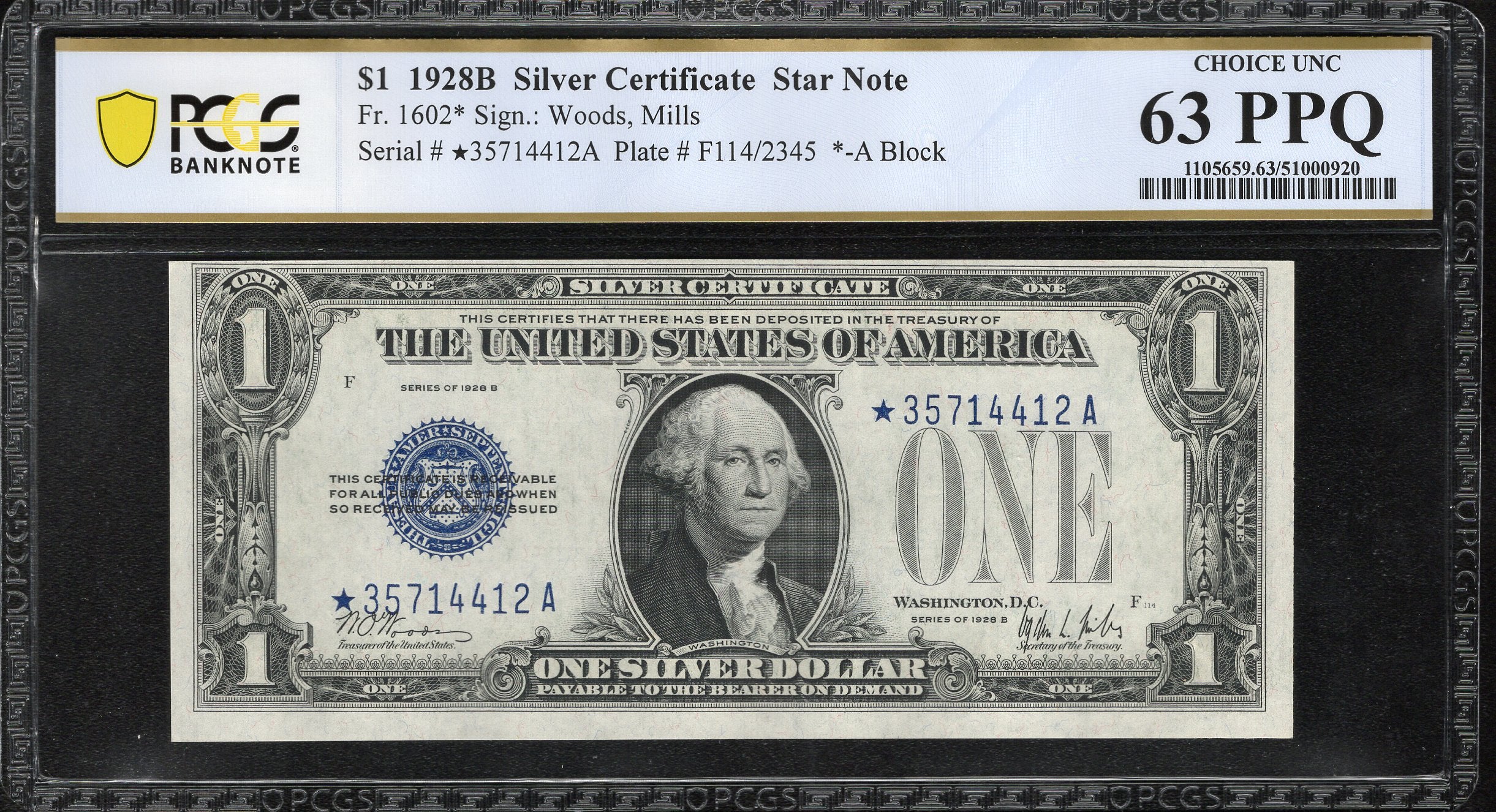 1928-B $1 SILVER CERTIFICATE STAR REPLACEMENT NOTE PCGS 63 PPQ Fr 1602* 14412