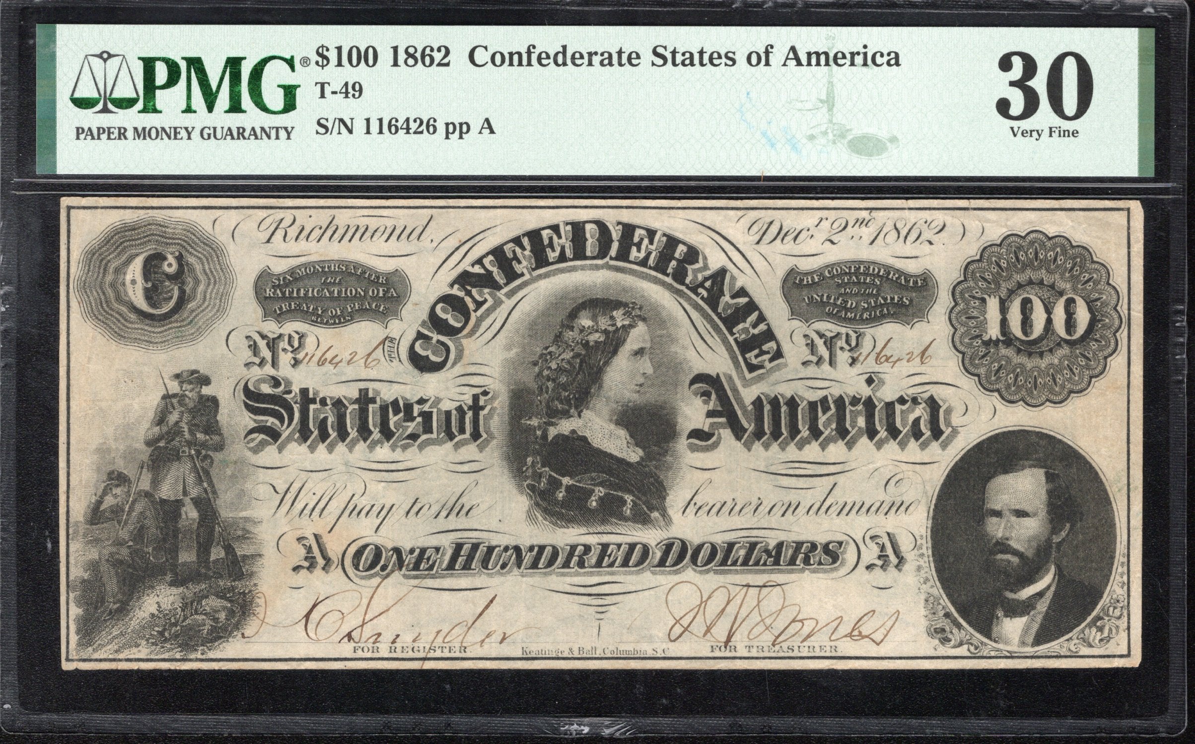 T-49 1862 $100 CONFEDERATE CURRENCY PMG 30 LUCY PICKENS CIVIL WAR 6426