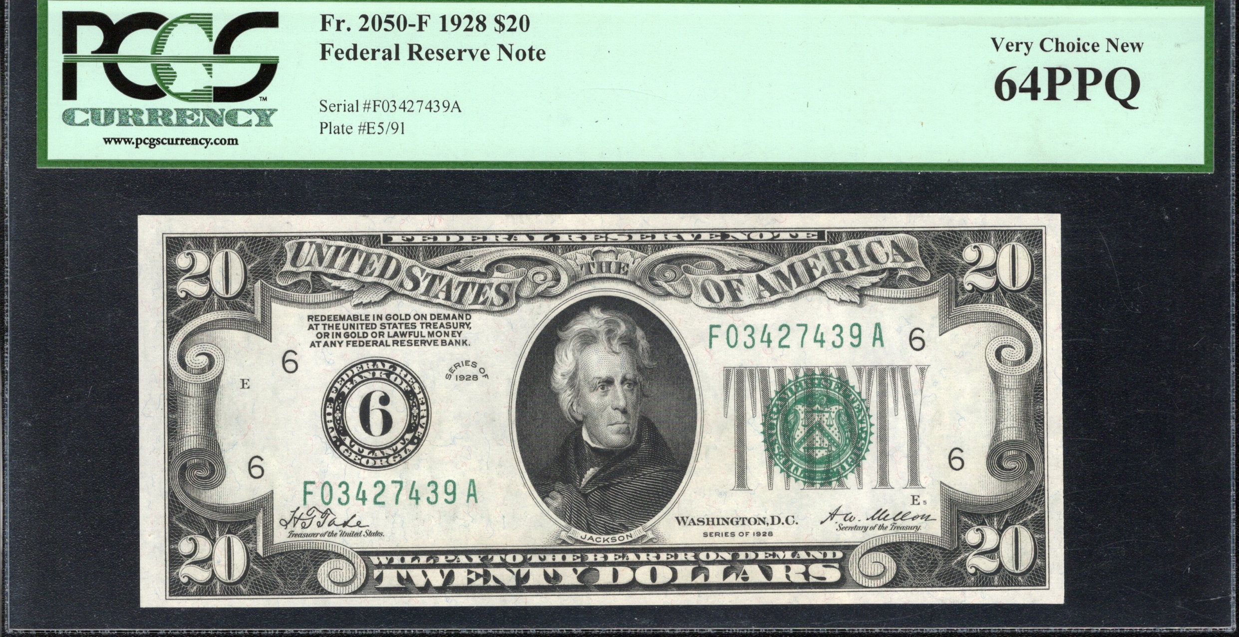 1928 $20 ATLANTA NUMERICAL FRN Federal Reserve Note PCGS 64 PPQ Fr 2050-F 27439