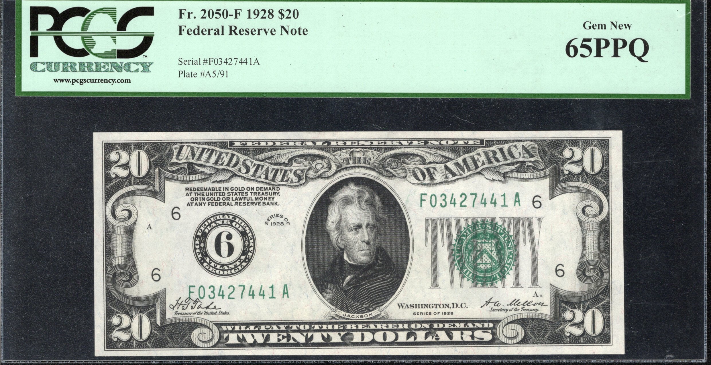 1928 $20 ATLANTA NUMERICAL FRN Federal Reserve Note PCGS 65 PPQ Fr 2050-F 27441