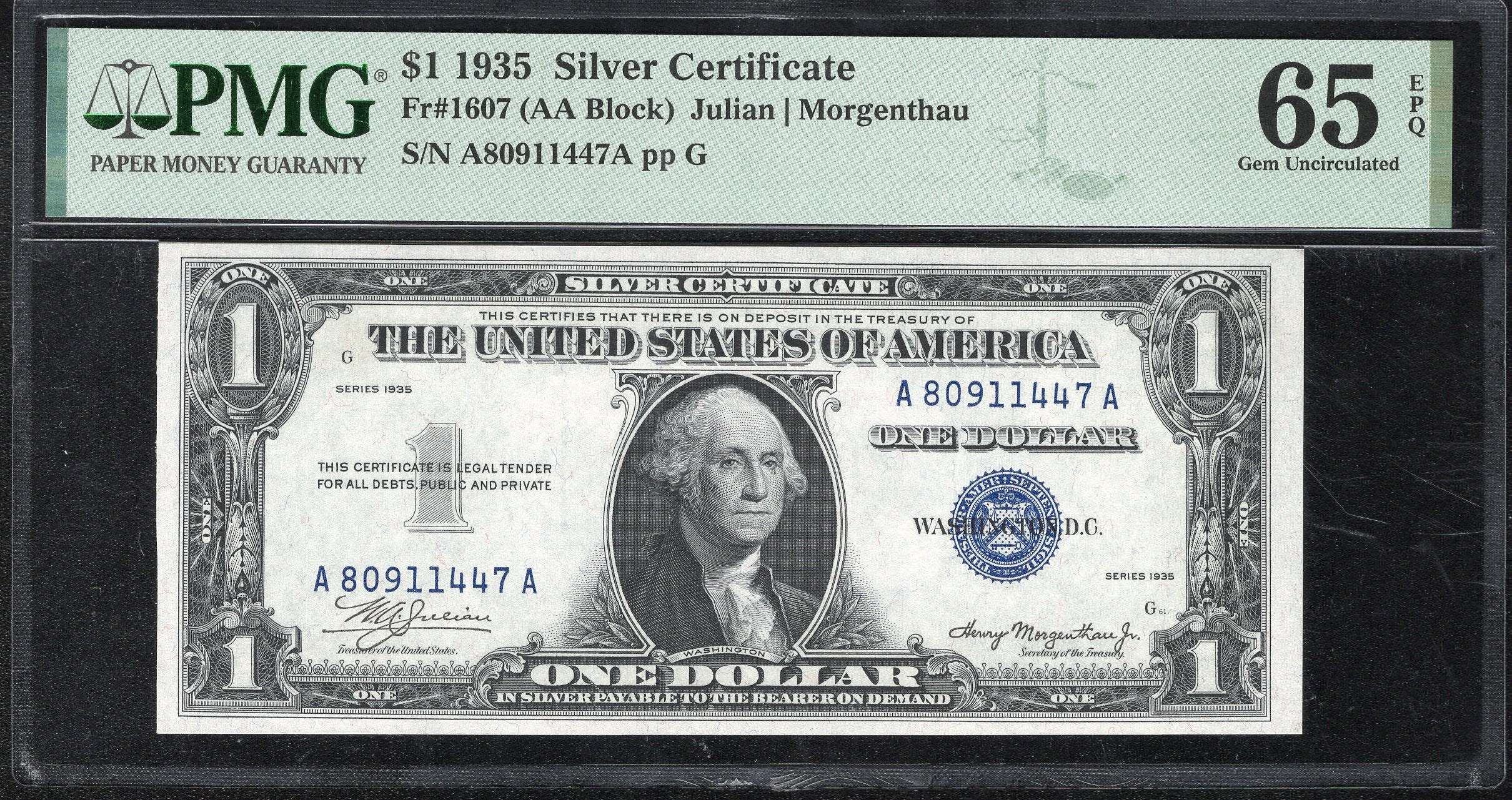1935 $1 SILVER CERTIFICATE PLAIN A-A Block Fr 1607 PMG 65 EPQ 11447