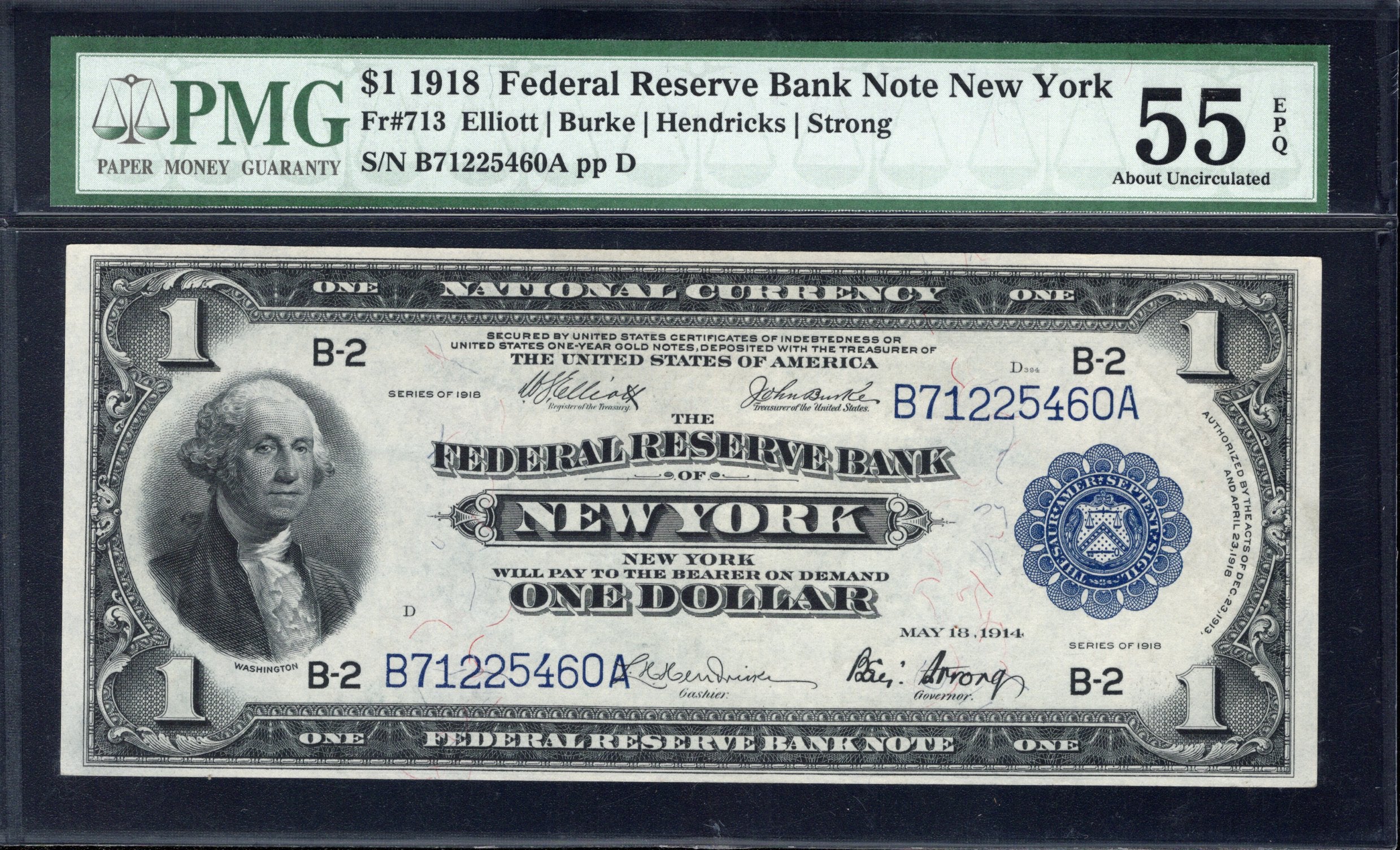 1918 $1 NEW YORK FRBN GREEN EAGLE PMG 55 EPQ Fr 713 FEDERAL RESERVE BANK 25460