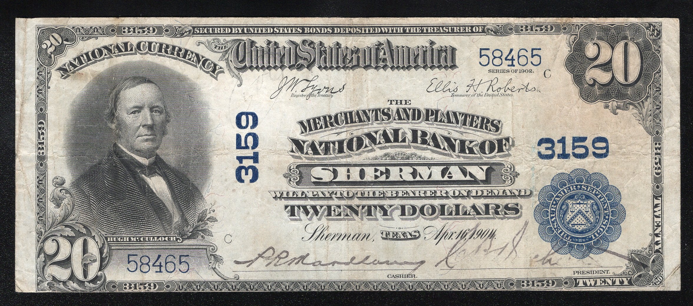 1902 $20 SHERMAN, TX NATIONAL BANK NOTE GRAYSON COUNTY TEXAS 58465