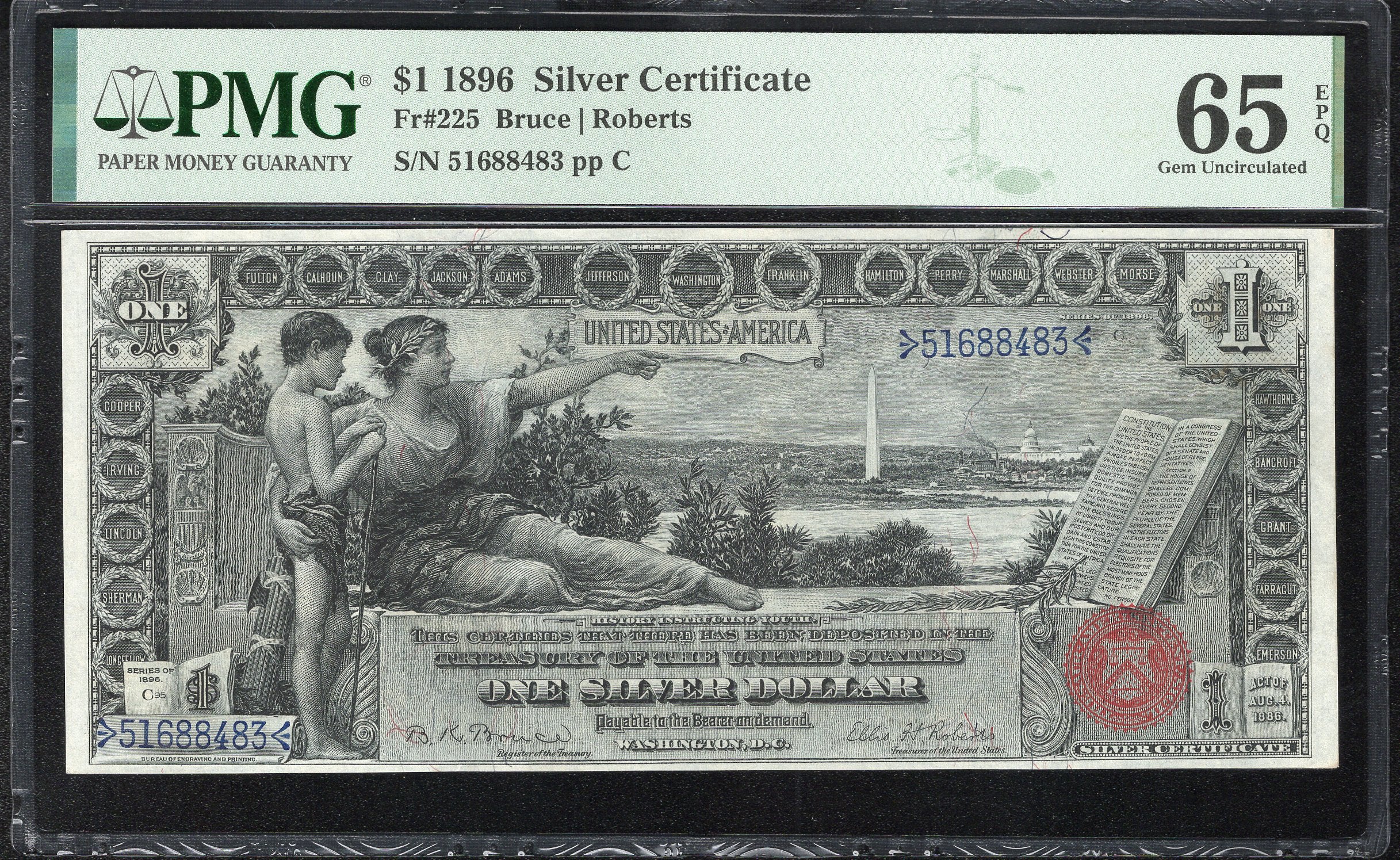 1896 $1 SILVER CERTIFICATE "EDUCATIONAL NOTE" PMG 65 EPQ Fr 225 88483