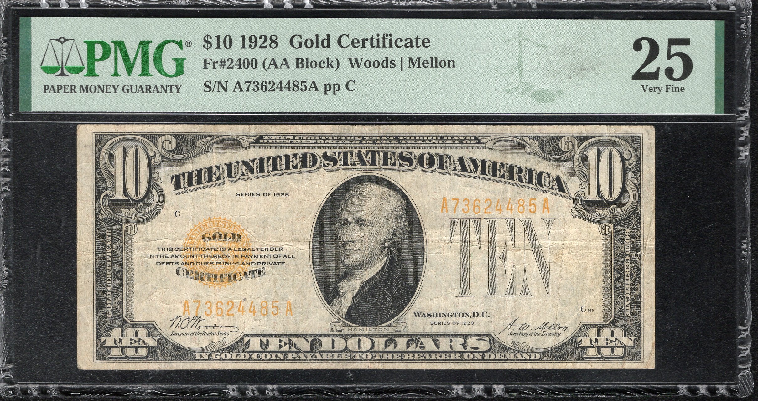 1928 $10 GOLD CERTIFICATE PMG 25 TEN DOLLAR BILL Fr 2400 24485