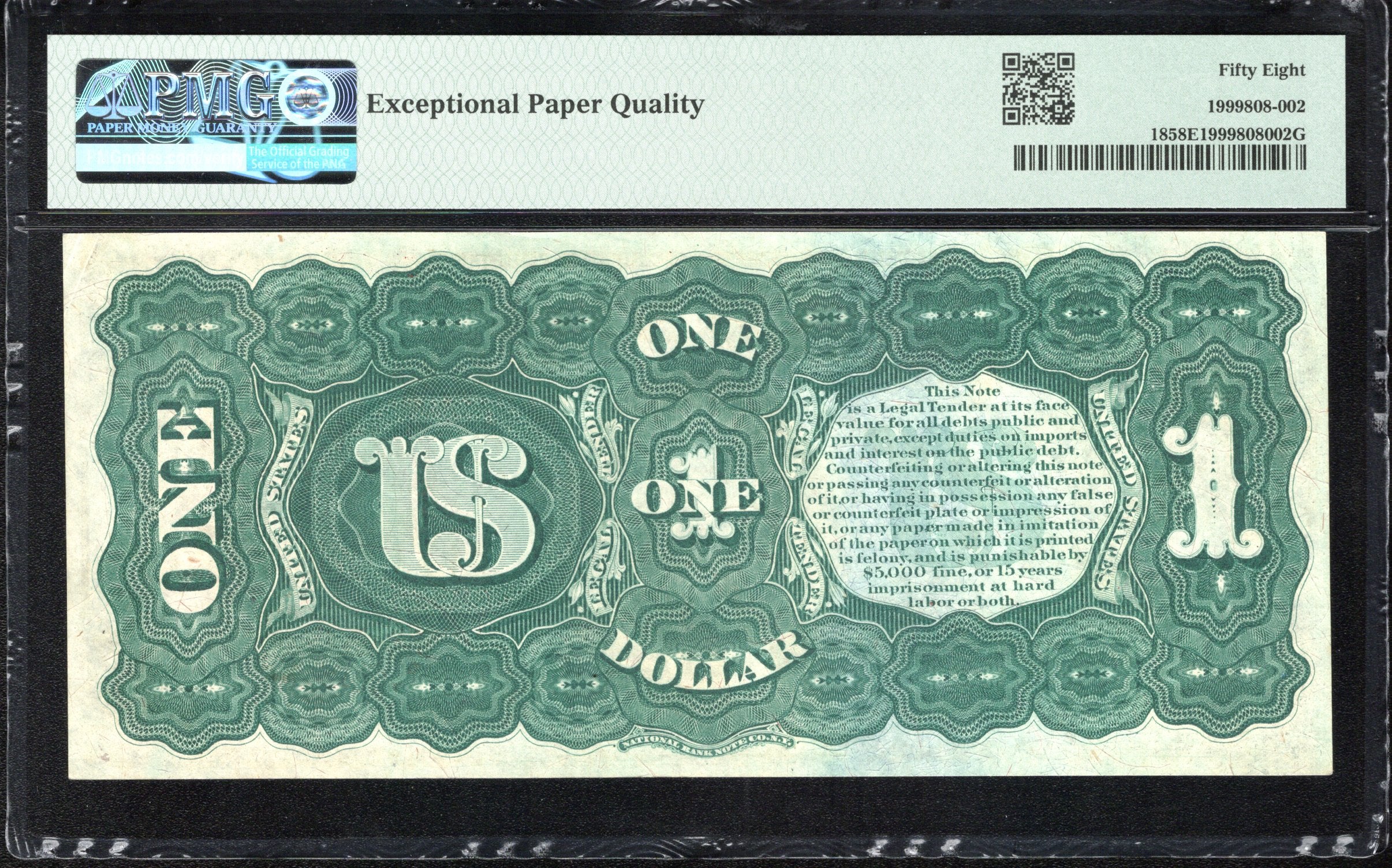 1869 $1 LEGAL TENDER RAINBOW NOTE PMG 58 EPQ Fr 18 30487
