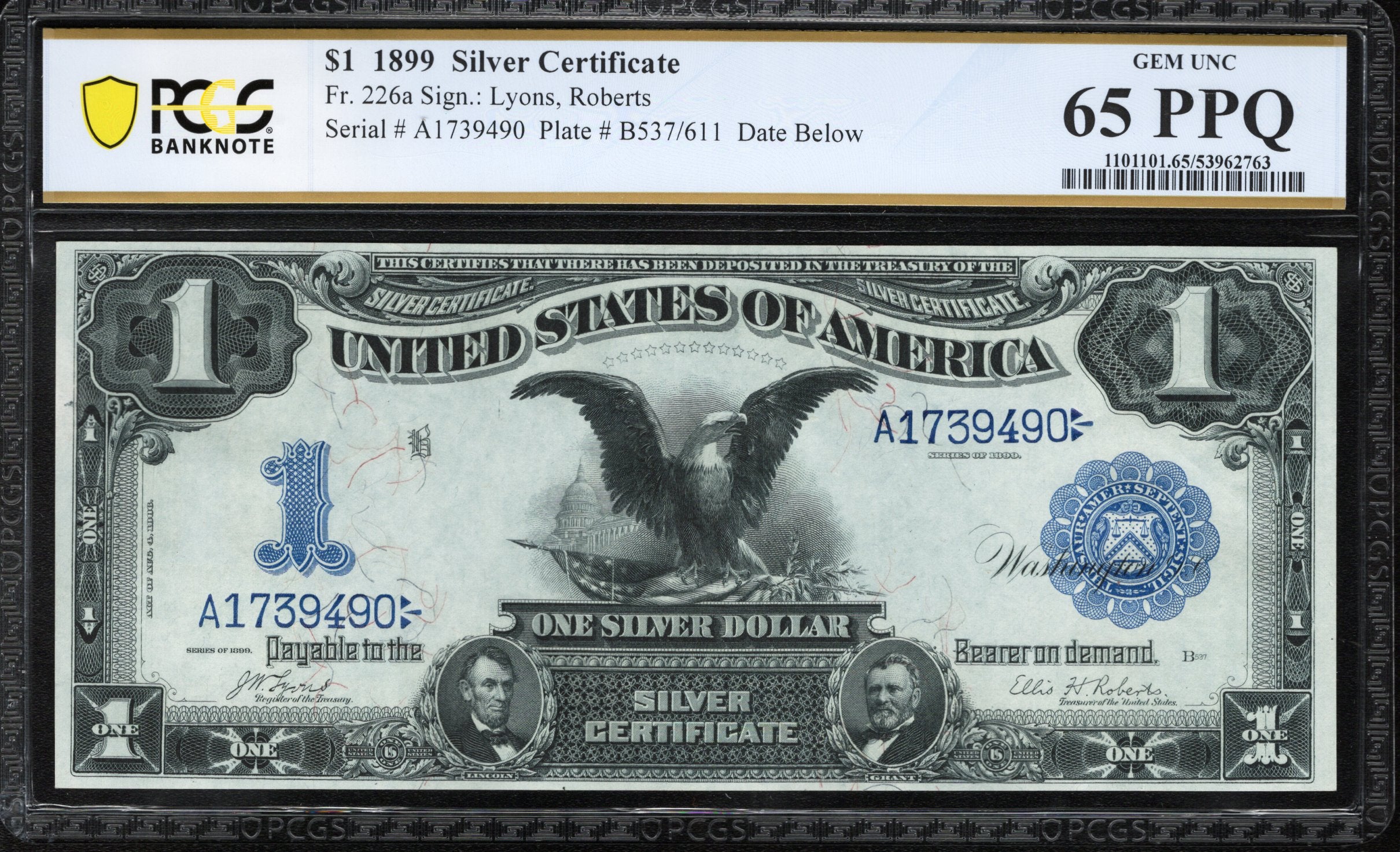 1899 $1 SILVER CERTIFICATE DATE BELOW BLACK EAGLE PCGS 65 PPQ Fr 226a 39490