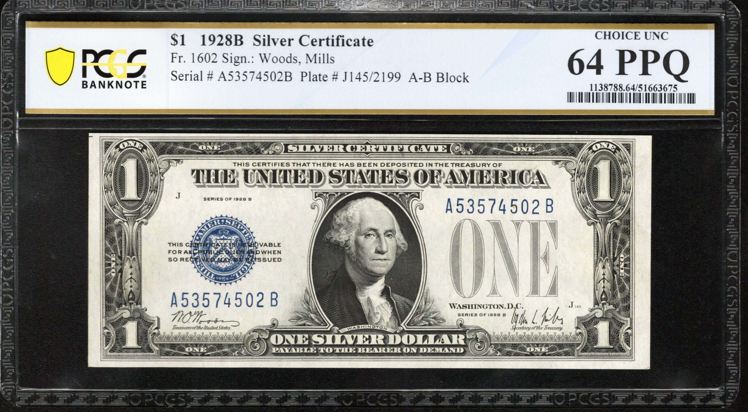 1928-B $1 SILVER CERTIFICATE FUNNY BACK PCGS 64 PPQ Fr 1602 74502