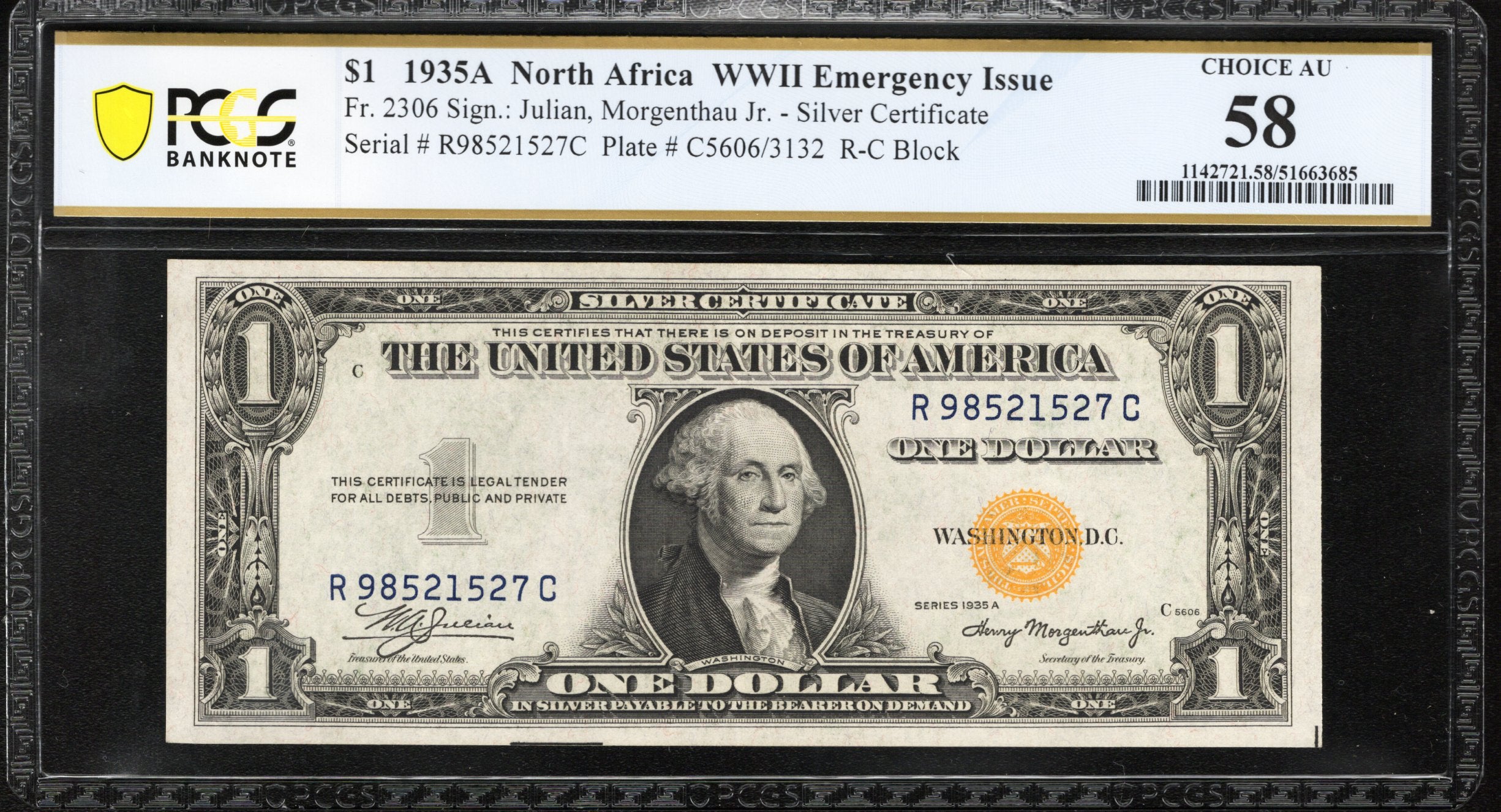1935-A $1 NORTH AFRICA Silver Certificate PCGS 58 Fr 2306 WWII CURRENCY 21527