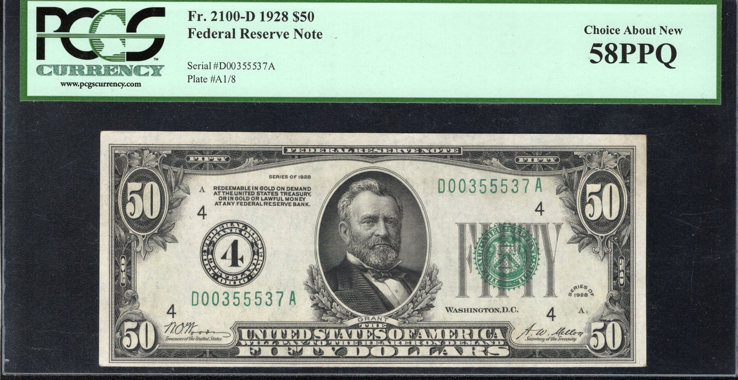 1928 $50 CLEVELAND NUMERICAL FRN Federal Reserve Note PCGS 58 PPQ Fr 2050-D 5537