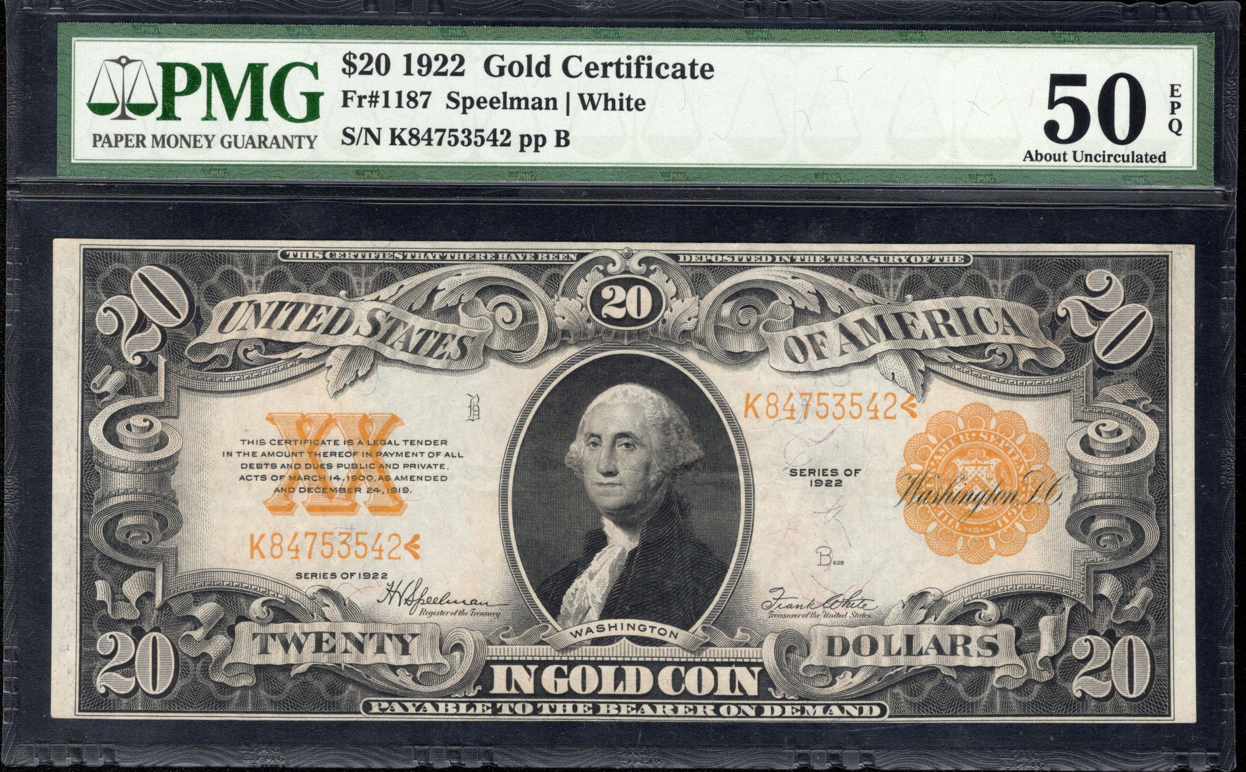 1922 $20 GOLD CERTIFICATE PMG 50 EPQ Fr 1187 53542
