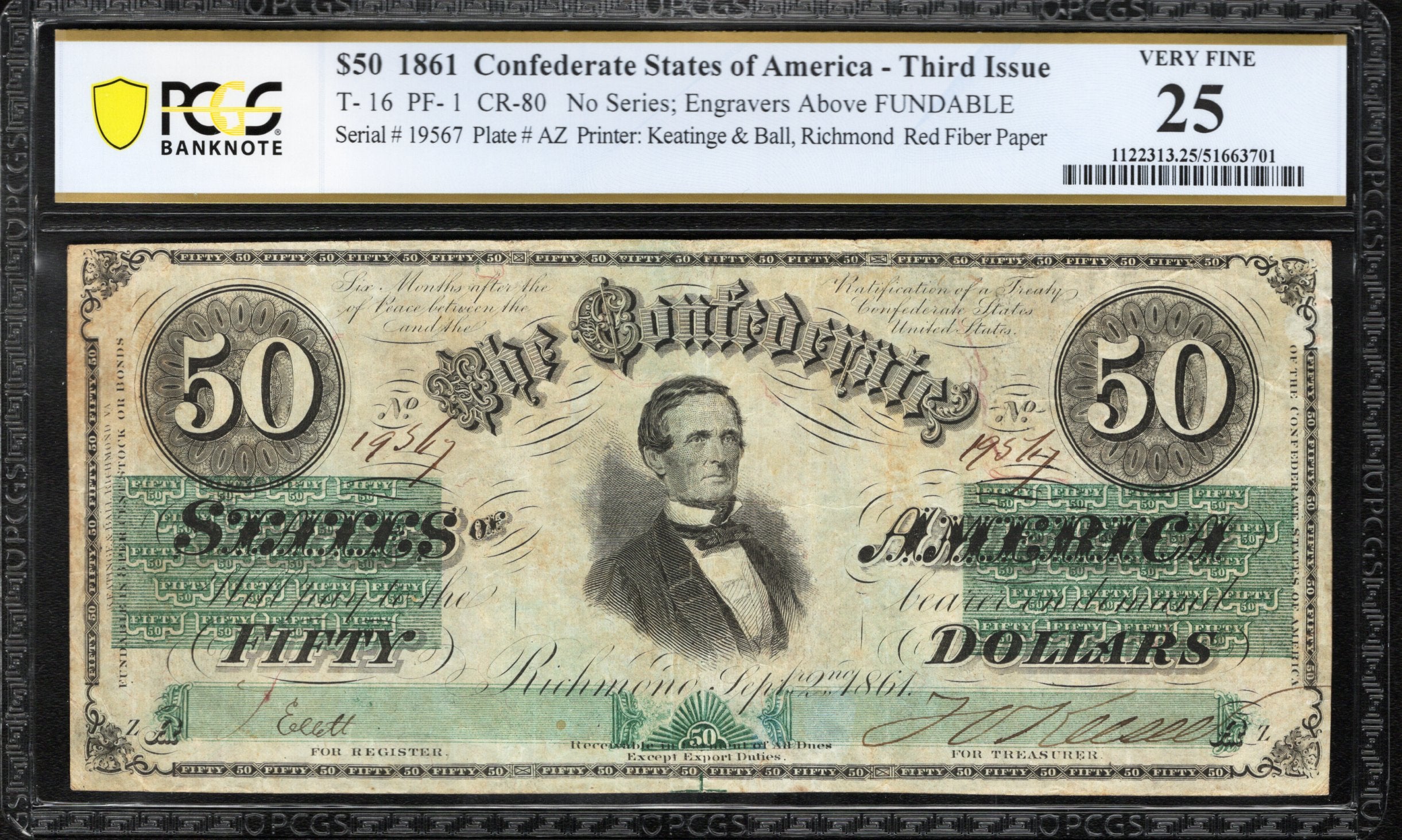T-16 1861 $50 CONFEDERATE CURRENCY PCGS 25 19567