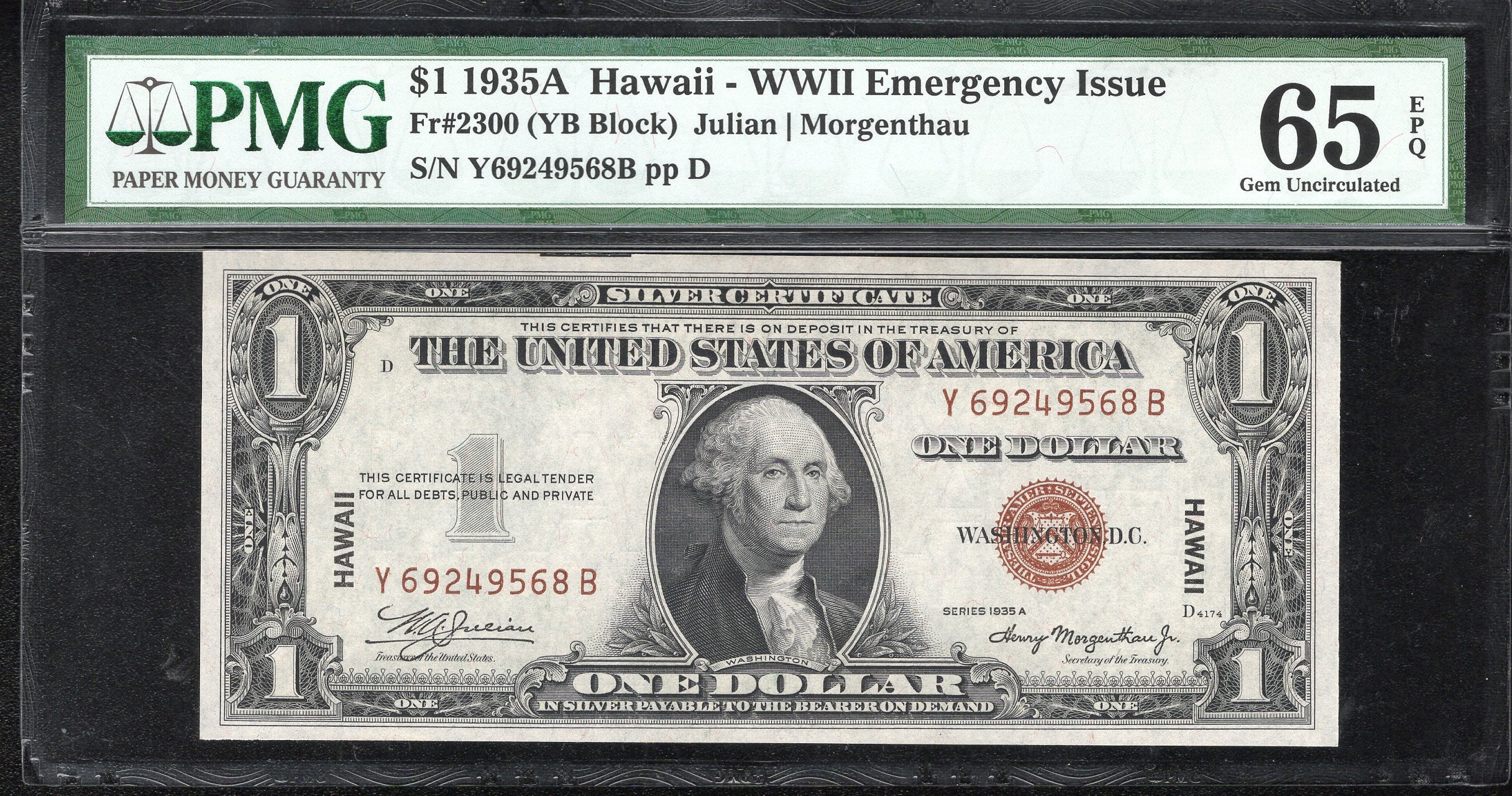 1935-A $1 HAWAII WWII EMERGENCY NOTE FRN Y-B BLOCK PMG 65 EPQ Fr 2300 49568
