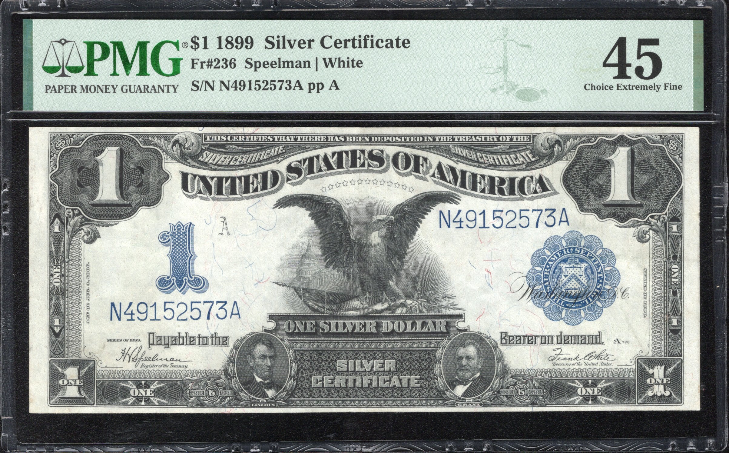 1899 $1 SILVER CERTIFICATE BLACK EAGLE PMG 45 Fr 236 52573