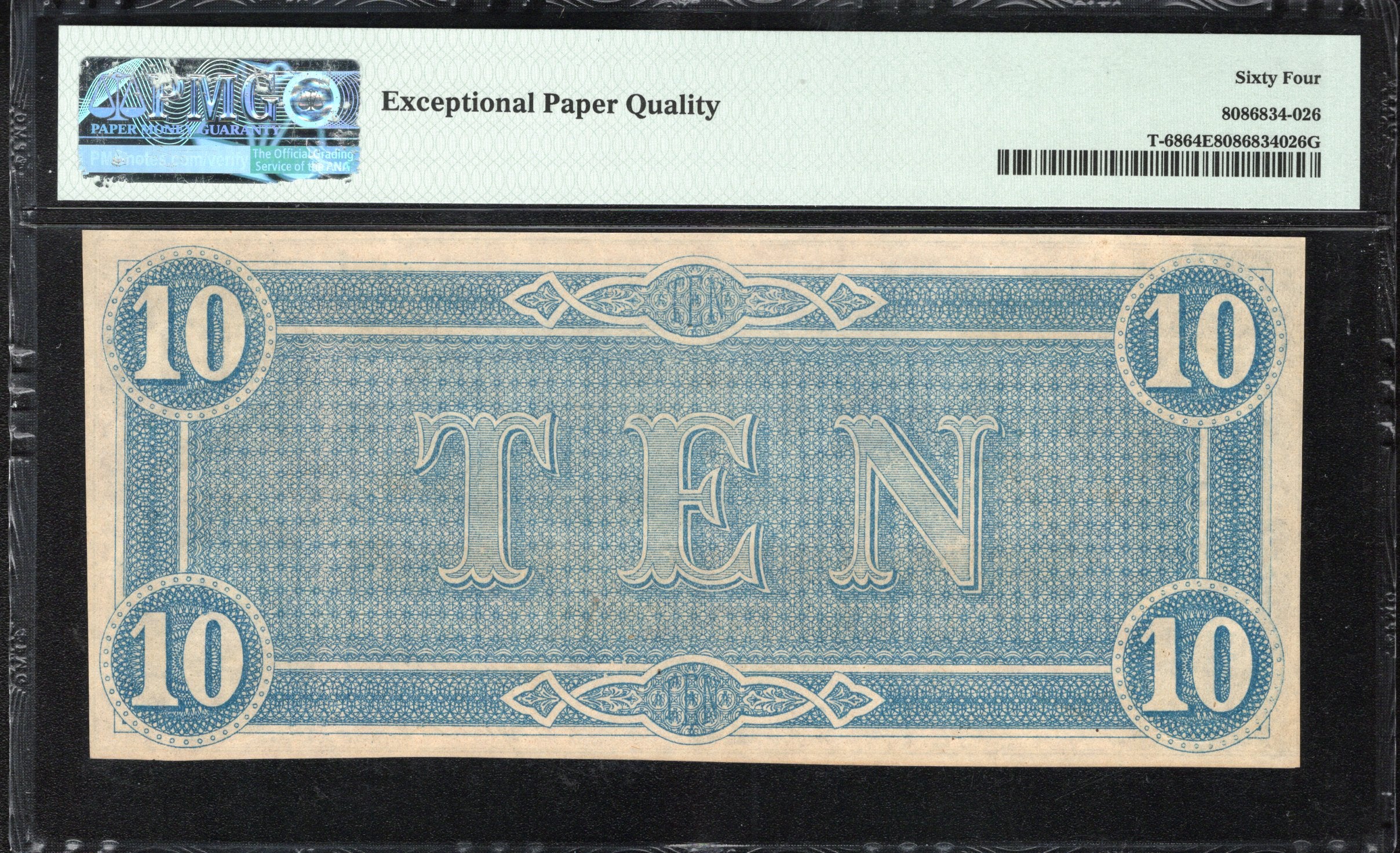 T-68 1864 $10 CONFEDERATE CURRENCY PMG 64 EPQ CIVIL WAR 40583