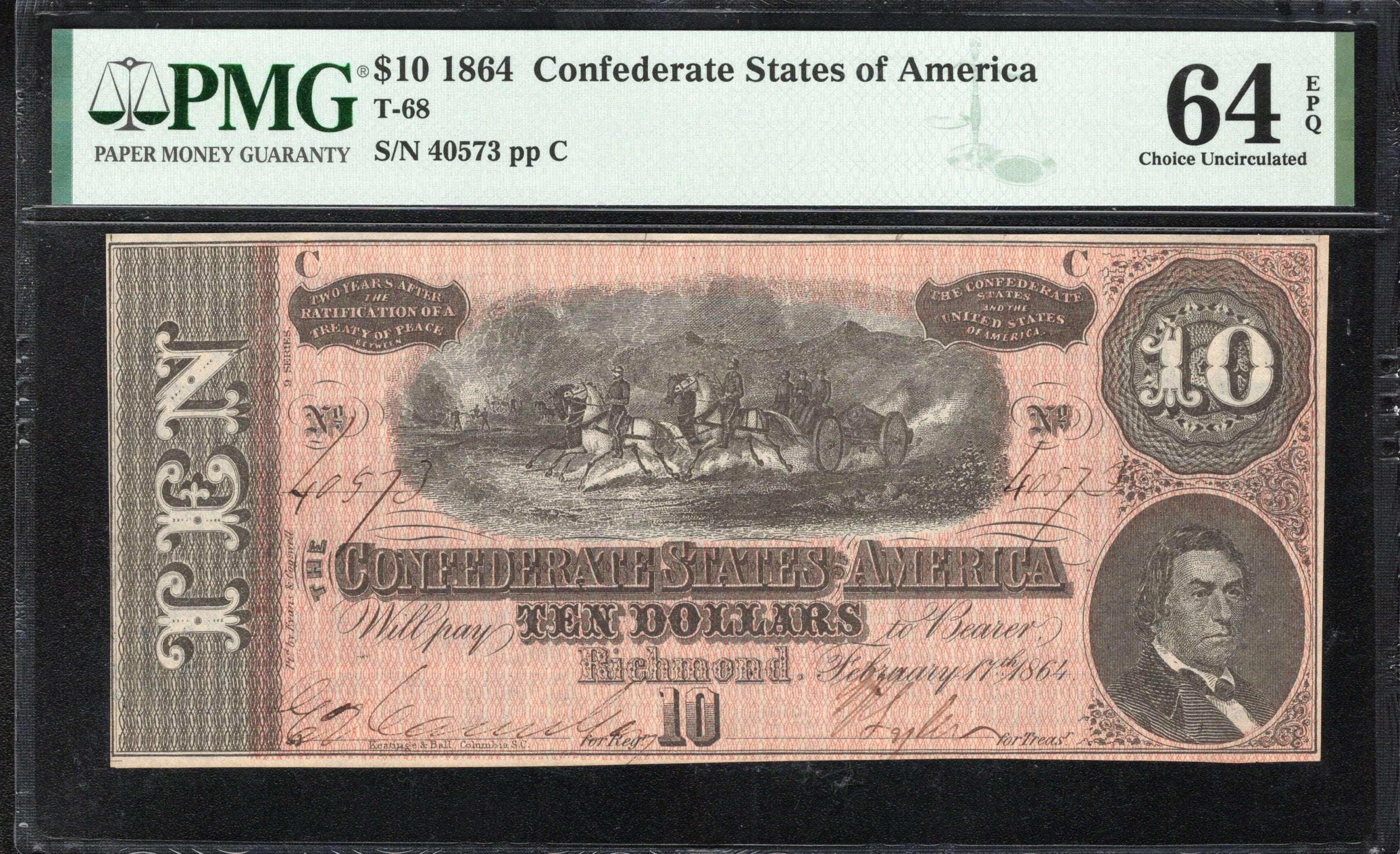 T-68 1864 $10 CONFEDERATE CURRENCY PMG 64 EPQ CIVIL WAR 40583
